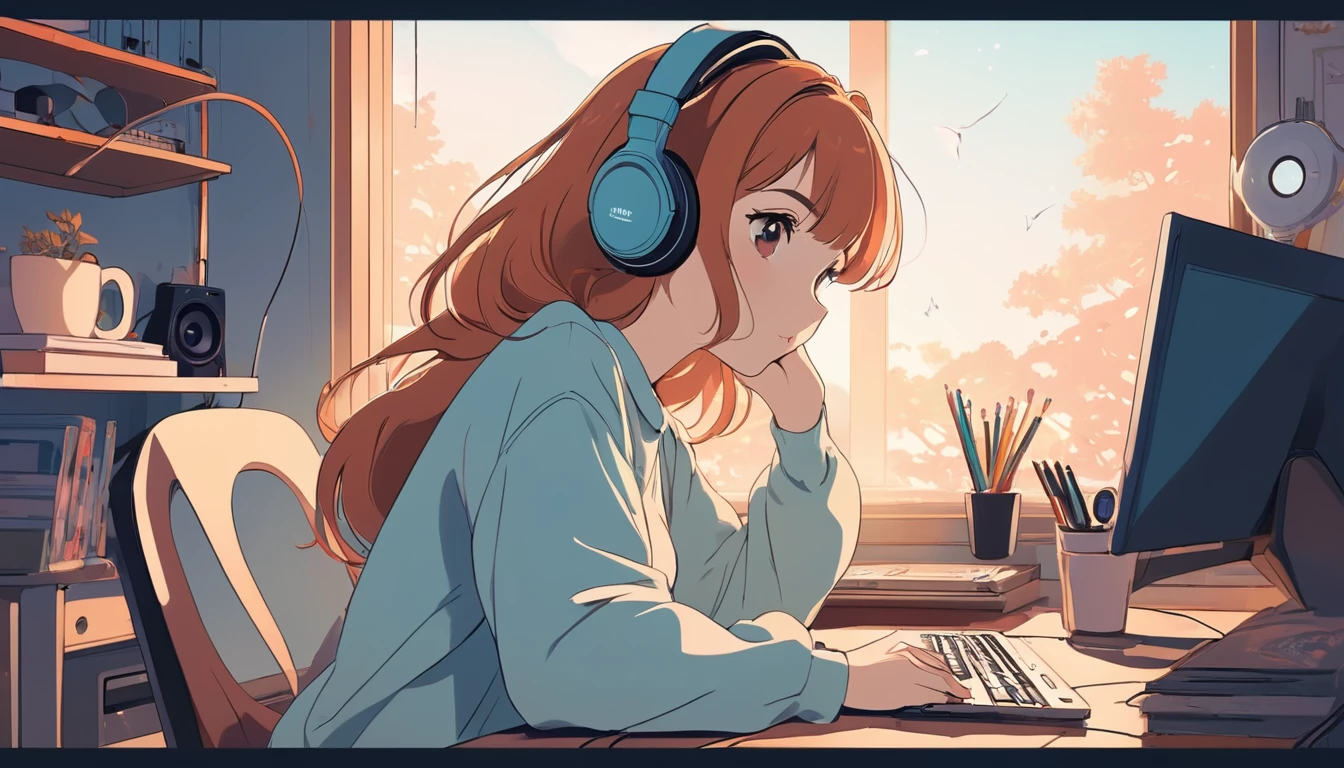 Girl wearing headphones、Computer and mug on the desk, Wide-angle lens, Lofi Anime, Lofi illustration, Aesthetic atmosphere, Lo-Fi Style, Vector art, Flat Design, Simple shape, Warm tones, Pleasant atmosphere, Chill, In anime style, Digital drawing, Vector art, Vector logo for t-shirt printing, (Adorable:1.5), (small:1.4), (Playful:1.2), (soft:1.3), (Whimsical:1.1), masterpiece, Highest quality, 8K, Intricate details, grow, Celestial, Mysterious, Picturesque, amazing, Majestic, Magic, Fantasy art, Cover art, dream-like