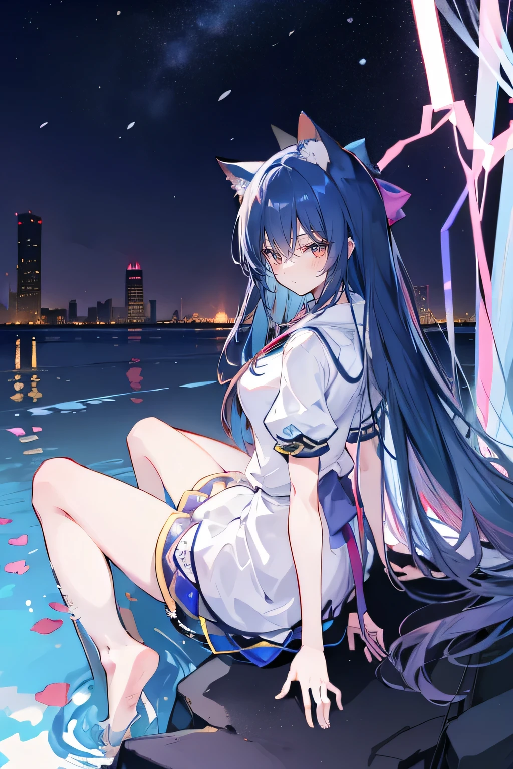(masterpiece:1.2),Super detailed,lifelike,Expressive eyes,fair skin,perfect face shape,1 girl,
Japanese comics,Gorgeous blue hair,flowing blue hair,flowing clothes,Cat ears,Petals fall,beautiful lola,Baby Angel,
Shaking head with one hand,Cross your legs,Gentle and peaceful background,The pavilion is cool and comfortable,smile, wearing hoodie, background of tokyo,back views,snowing, winter,lie on the water,Lying on the ground。Dark blue gradient hair,asymmetrical hair,((Hair is very thick 1.8,Chiseled hair 1.6)), Hair over the shoulders, Messy hair, Very long hair, shiny hair,(long dark blue hair:1.2),A beautiful girl,(Transparent clothes transparent 1.8),Perfect body,Big thin legs,slender,(Looks very sad,Looks haggard ,sadness,shut your mouth:1.2) Against the backdrop of an unusually bright dark starry sky,(Put your hands behind your back),(round,Room, Strong breasts),barefoot,float,water surface,(long legs,long legs,long legs,Complete)