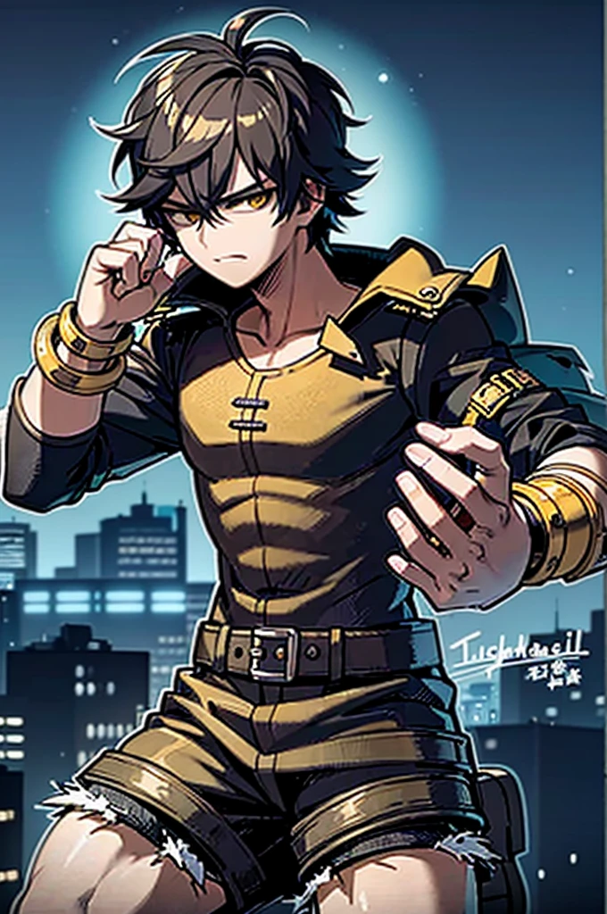 ((illustration)), (best quality)), ((masterpiece)), (detailed), ((night)), teenager, solo, 1boy, male focus, black trench coat, short hair, black hair, spiky hair, jeans, rubber shoes, cityscape, lineart, thick lines, itadori, itadori_yuuji, hair bangs, muscular, turtleneck