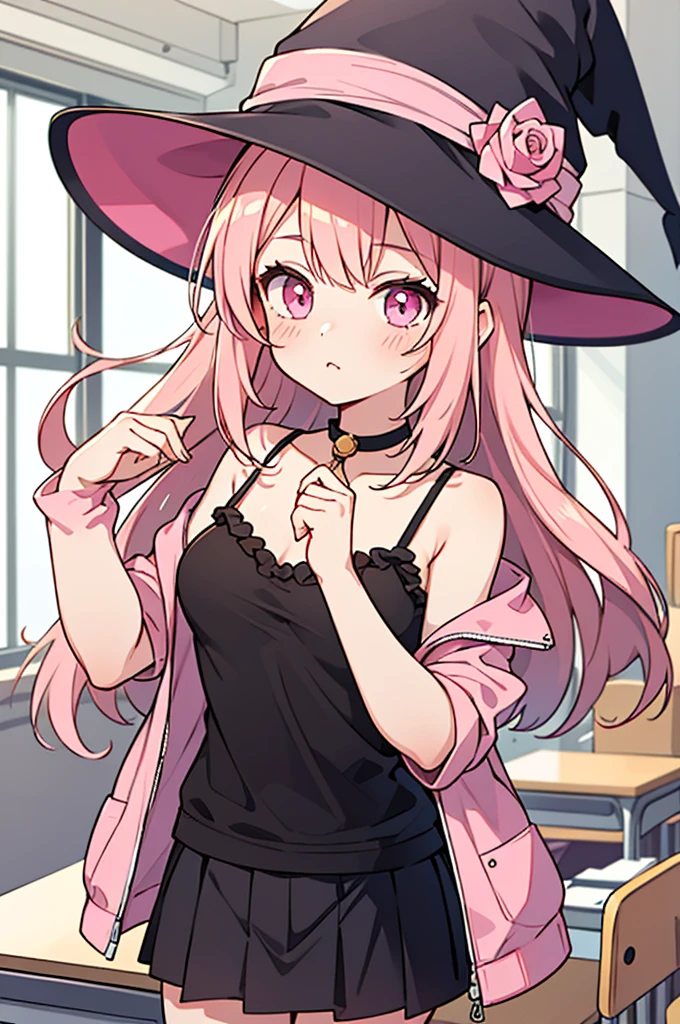 anime style, girl,pink Jacket,black camisole with pink ribbon,pink_witch_hat with pink rose accessories,black skirt with pink frill,Gyaru-style vertical roll hair,midium breasts,class room,