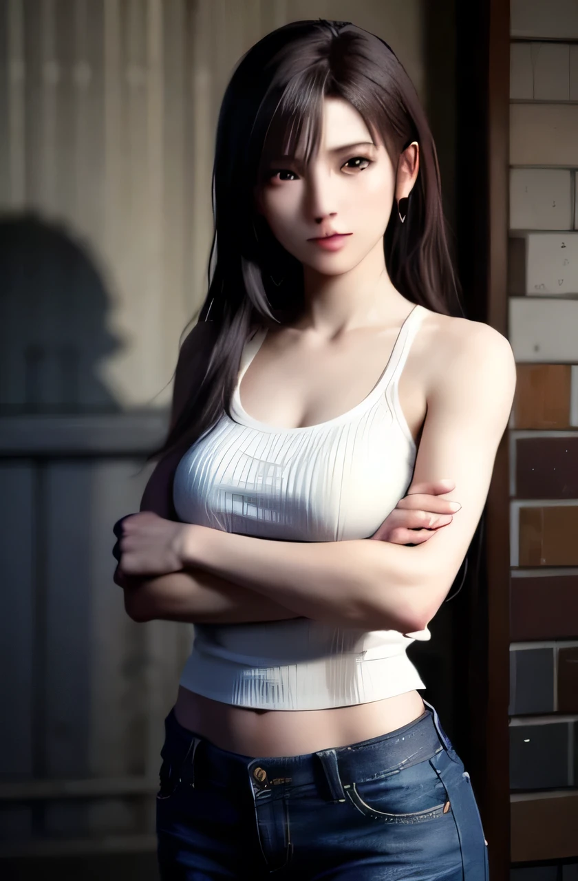 (photoRealistic:1.4), Highest quality,Realistic, masterpiece, Very delicate and beautiful, CG,Very detailed ,High resolution, Very detailed, Realistic,
One girl, Tifa Lockhart, whole body, Long legs, Arms crossed,
Dungeons, Modest, Light on the face, Cinema Lighting, ((My pants are torn))