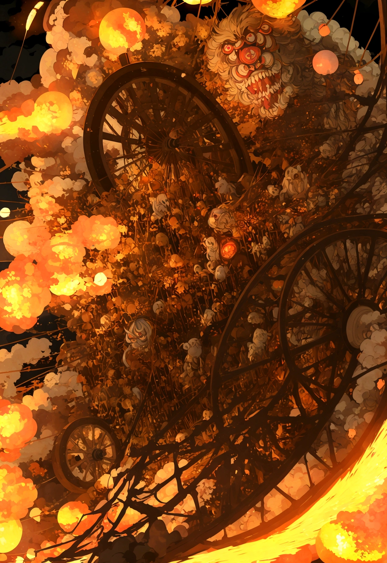 Japanese Yokai「wheel car（Carousel）」Please draw。wheel carは、It is a monster in which a woman&#39;s face appears inside a burning wheel.。The woman&#39;s face is painful、Hair is disheveled。The wheels are on fire、It creates a terrifying scene。In the background、Set on a mountain path at night or in the grounds of an old temple.、wheel carが炎を巻き起こしながら転がるシーンを描写してください。Please create an overall scary and powerful atmosphere.。