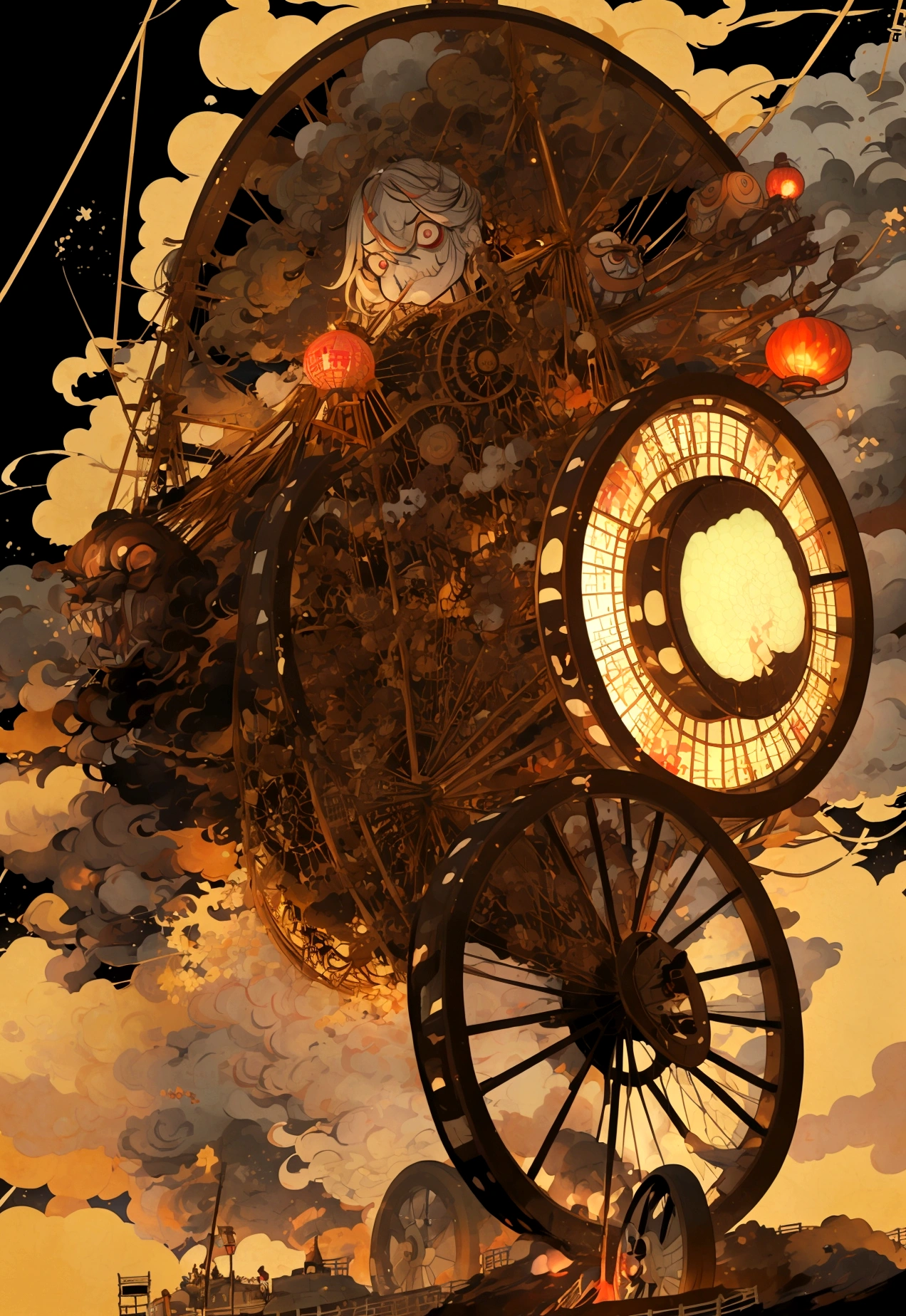 Japanese Yokai「wheel car（Carousel）」Please draw。wheel carは、It is a monster in which a woman&#39;s face appears inside a burning wheel.。The woman&#39;s face is painful、Hair is disheveled。The wheels are on fire、It creates a terrifying scene。In the background、Set on a mountain path at night or in the grounds of an old temple.、wheel carが炎を巻き起こしながら転がるシーンを描写してください。Please create an overall scary and powerful atmosphere.。