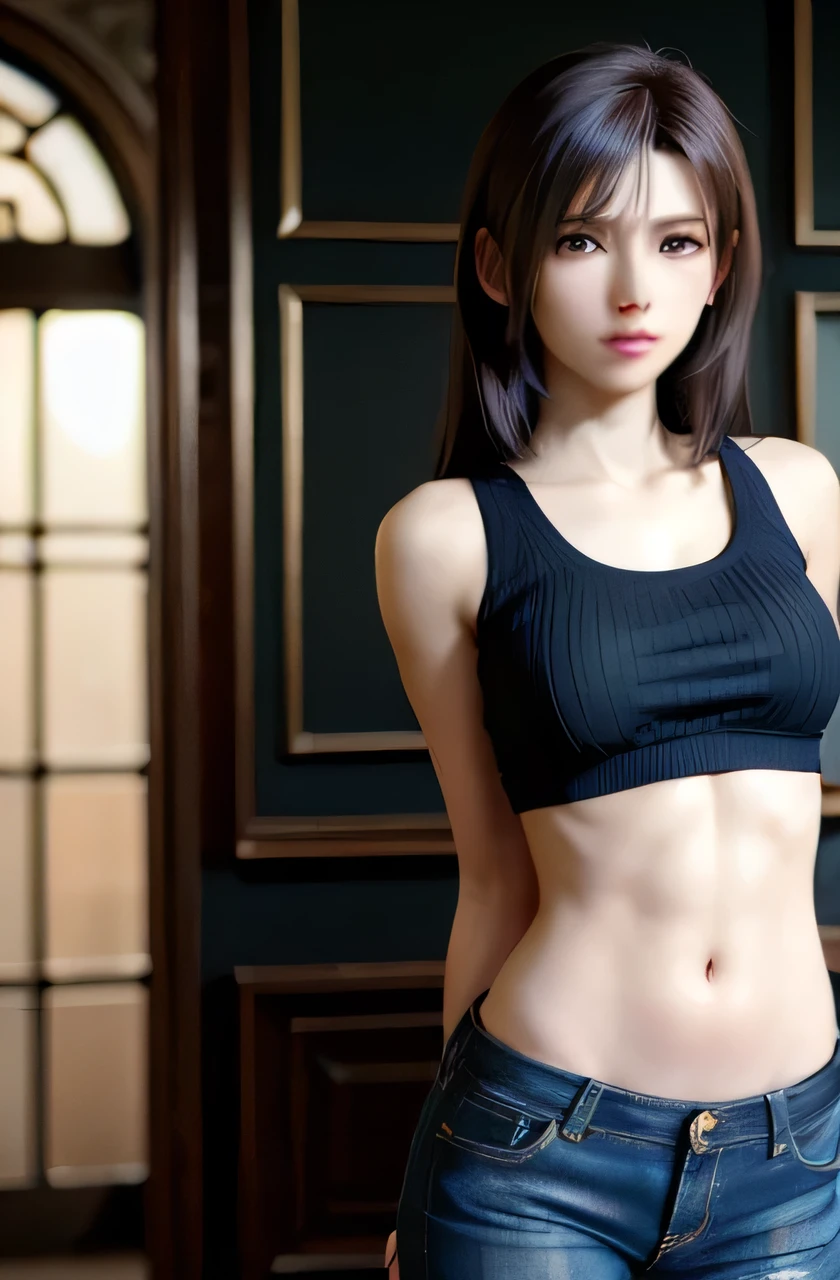 (photoRealistic:1.4), Highest quality,Realistic, masterpiece, Very delicate and beautiful, CG,Very detailed ,High resolution, Very detailed, Realistic, 
One girl, Tifa Lockhart, whole body, Long legs,  Arms crossed, 
Dungeons, Modest, Light on the face, Cinema Lighting, ((My pants are torn))