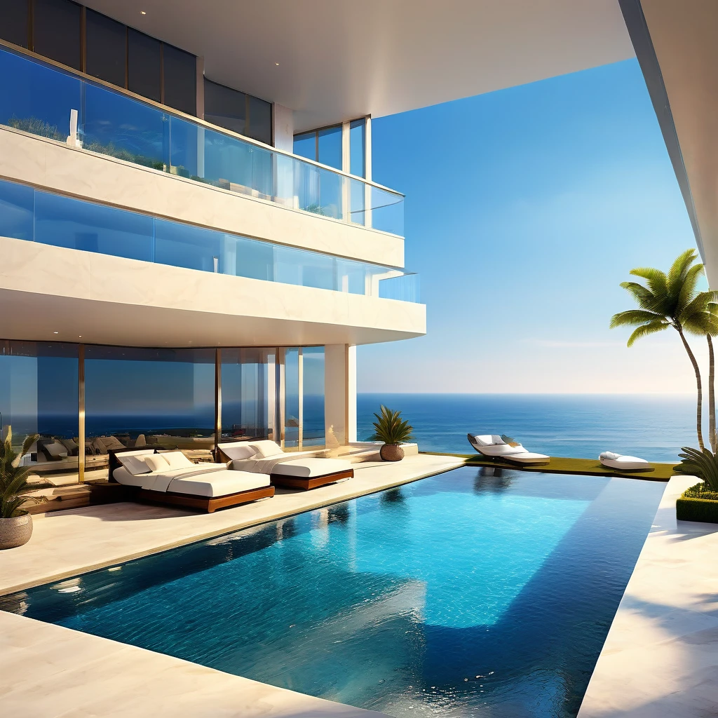 A modern luxury mansion with an infinity pool overlooking the ocean, floor-to-ceiling windows, and a sleek, luxury interior design. Hyper realistic photo, 16k, vibrant colors