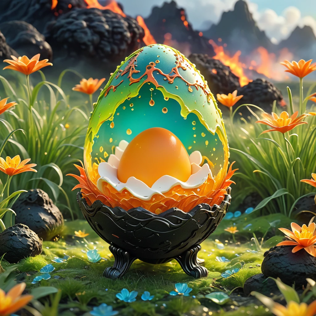 best quality, very good, 16K, ridiculous, Extremely detailed, charming(((Egg:1.3)))，Made of translucent boiling lava, Background grassland（（A masterpiece full of fantasy elements）））， （（best quality））， （（Intricate details））（8K）