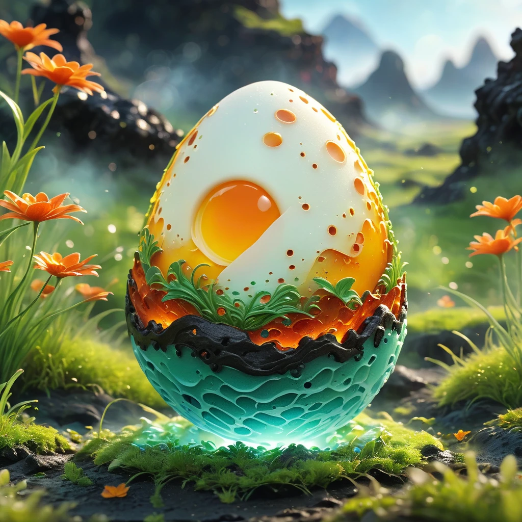 best quality, very good, 16K, ridiculous, Extremely detailed, charming(((Egg:1.3))),Made of translucent boiling lava, Background grassland((A masterpiece full of fantasy elements))), ((best quality)), ((Intricate details))(8K)