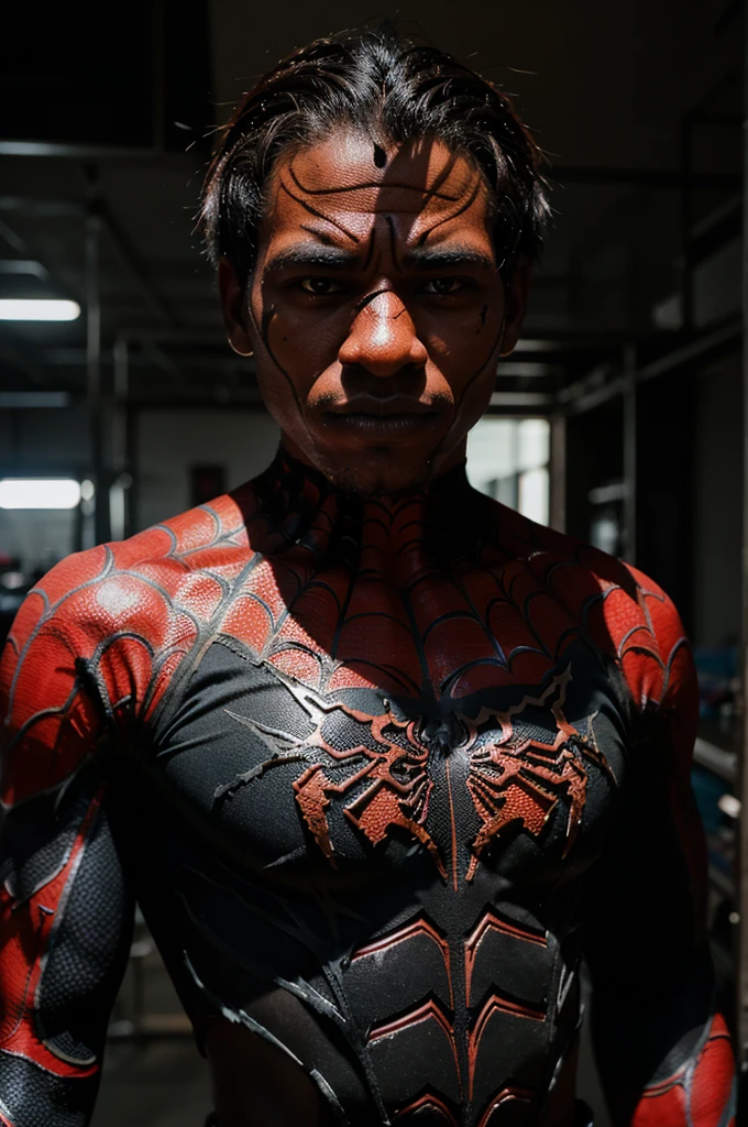 Photography of a 26 year old man related to Papuan tribal culture wearing black venom spiderman clothing