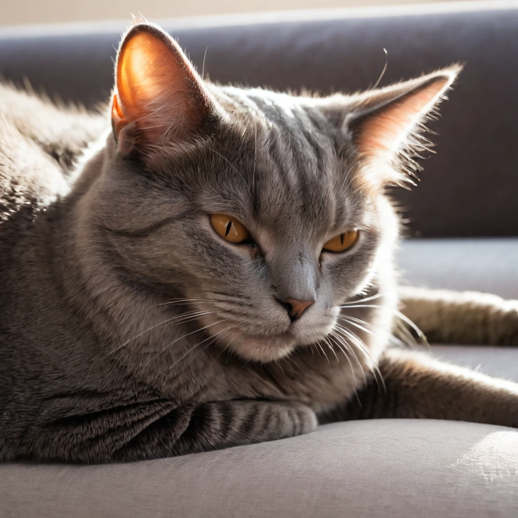 cat sleeping peacefully on sofa, morning light
