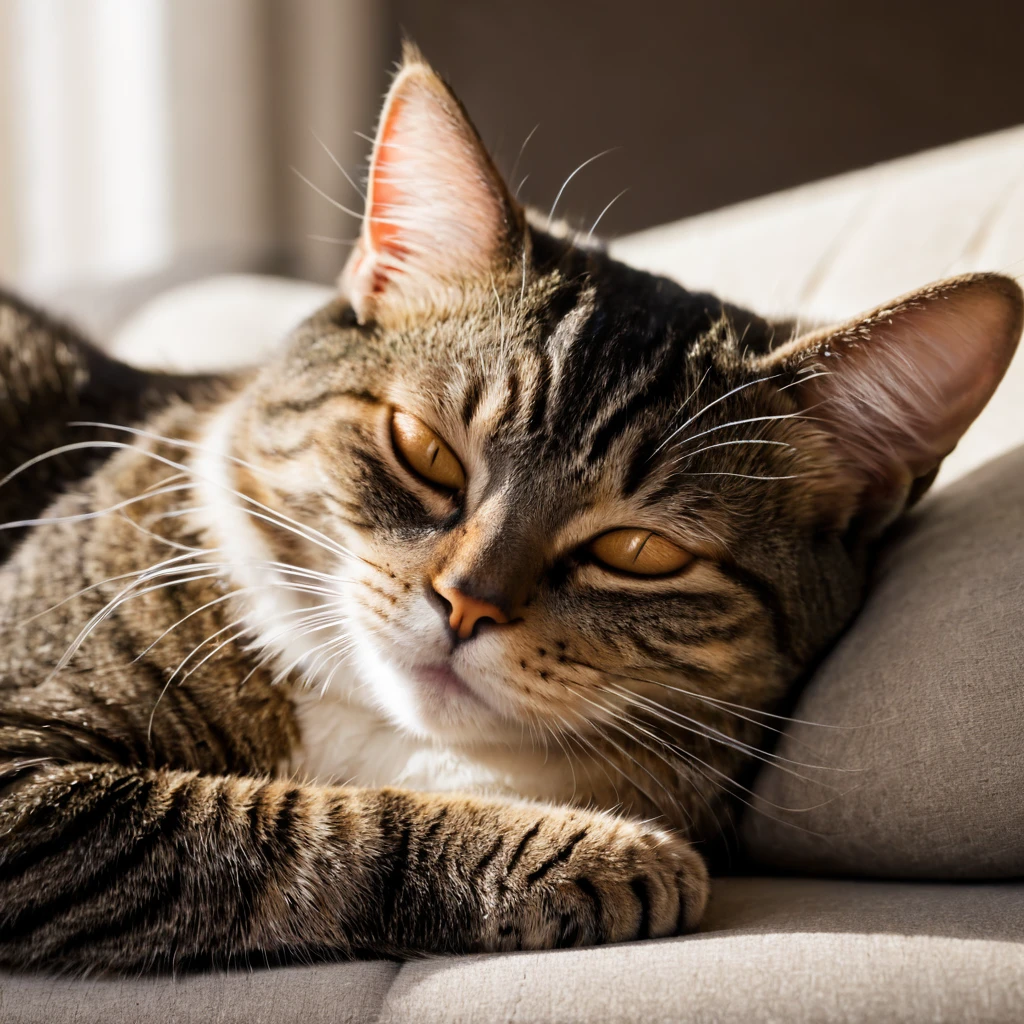 cat sleeping peacefully on sofa, morning light