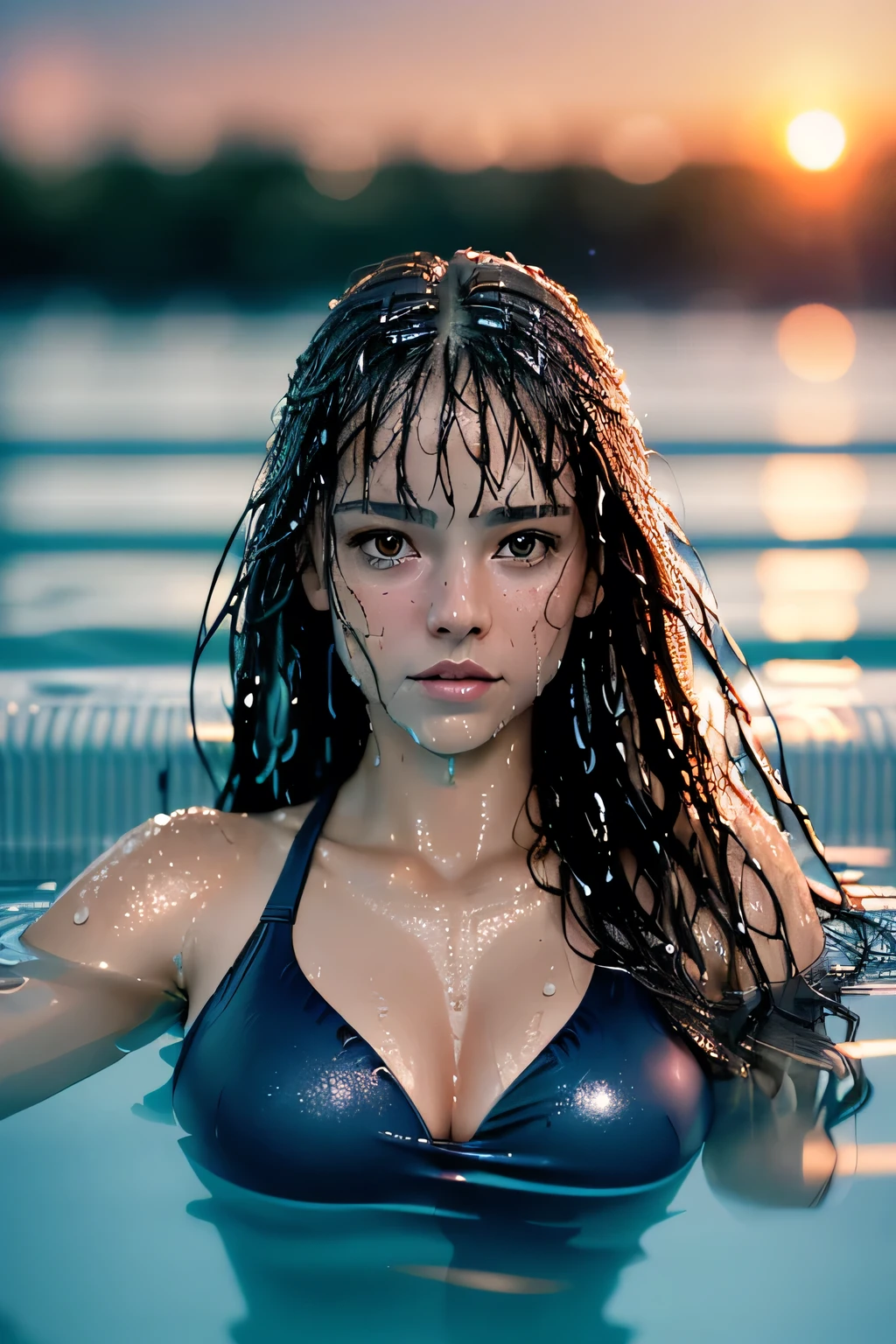 (masterpiece), (very complicated:1.3), (realistic), girl portrait, lying on her back floating on the surface of the water, (dynamic perspective), the most beautiful in the world, (swimming swimsuit), sateen reflection, outdoor, intense sunlight, distant factory group, Stunning female professional photo details, sharp focus, dramatic, Award history, cinematic lighting, Octane Rendering Unreal Engine, volumetrics dtx, (film grain, blurred background, blurred foreground, Bokeh, Depth of the bounds written, sunset, motion blur:1.3), (wet hair: 1.4),
