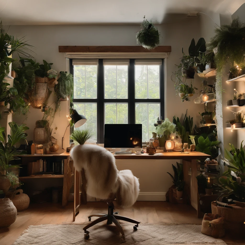 A cozy, bohemian-inspired home office with a person sitting at a desk surrounded by plants, books, and other eclectic decor elements. The lighting is warm and inviting, creating a relaxing and creative atmosphere. The desk setup includes a laptop, headphones, and other personal items, suggesting a comfortable and productive workspace.