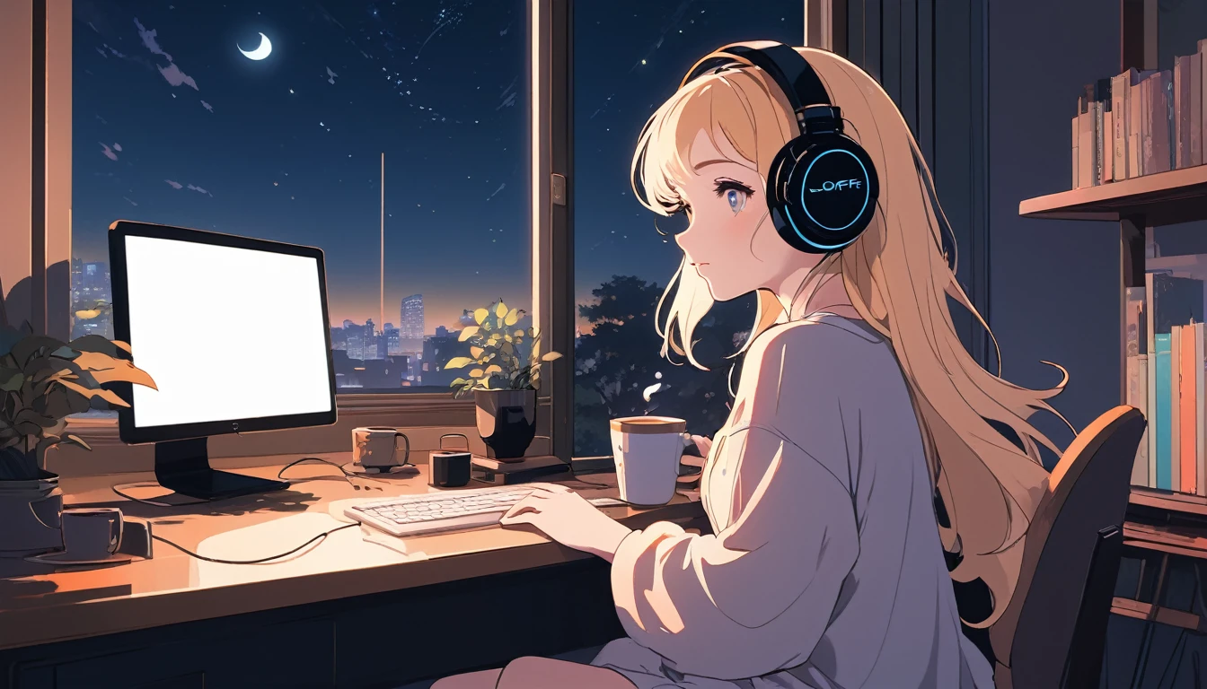 Sexy woman wearing headphones、Computer and mug on the desk、Night outside the window, Wide-angle lens, Lofi Anime, Lofi illustration, Aesthetic atmosphere, Lo-Fi Style, Vector art, Flat Design, Simple shape, Warm tones, Pleasant atmosphere, Chill, In anime style, Digital drawing, Vector art, Vector logo for t-shirt printing, (Adorable:1.5), (small:1.4), (Playful:1.2), (soft:1.3), (Whimsical:1.1), masterpiece, Highest quality, 8K, Intricate details, grow, Celestial, Mysterious, Picturesque, amazing, Majestic, Magic, Fantasy art, Cover art, dream-like