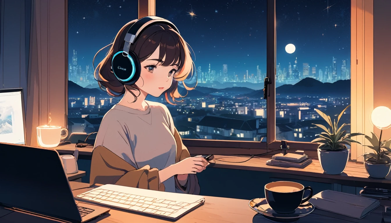 Sexy woman wearing headphones、Computer and mug on the desk、Night outside the window, Wide-angle lens, Lofi Anime, Lofi illustration, Aesthetic atmosphere, Lo-Fi Style, Vector art, Flat Design, Simple shape, Warm tones, Pleasant atmosphere, Chill, In anime style, Digital drawing, Vector art, Vector logo for t-shirt printing, (Adorable:1.5), (small:1.4), (Playful:1.2), (soft:1.3), (Whimsical:1.1), masterpiece, Highest quality, 8K, Intricate details, grow, Celestial, Mysterious, Picturesque, amazing, Majestic, Magic, Fantasy art, Cover art, dream-like