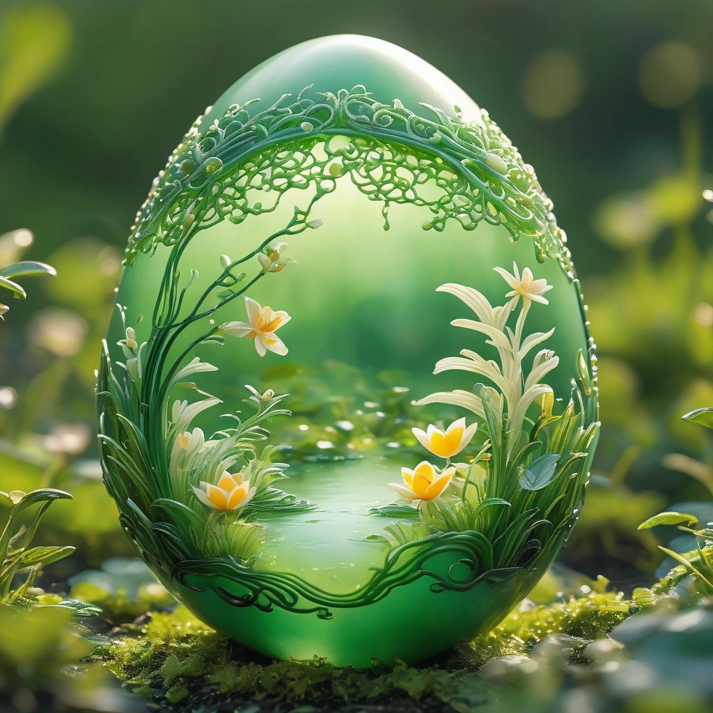 best quality, very good, 16K, ridiculous, Extremely detailed, charming(((Egg:1.3)))，Made of translucent jade, Background grassland（（A masterpiece full of fantasy elements）））， （（best quality））， （（Intricate details））（8K）