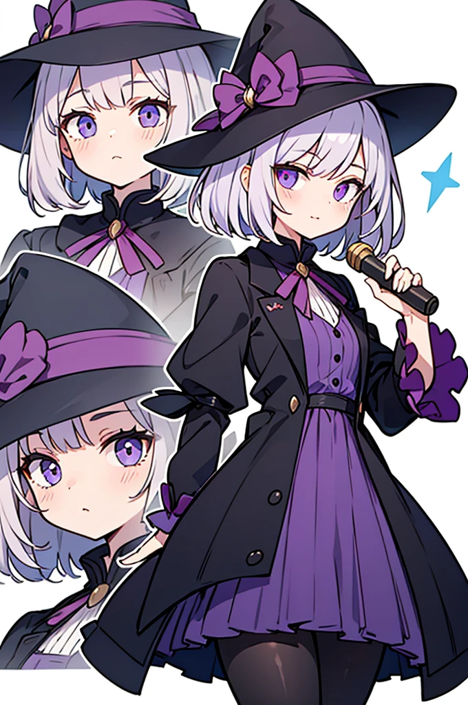 daily life anime style dark thick outline,ultra detailed face,
cool girl,purple witch dress,hat,
black_short/bob_hair,pantyhose,