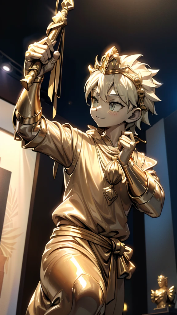 一个男孩的Gold statue旁边停着一只燕子。王子的Gold statue，Prince style，Prince costume，Court dress，Gold statue，男孩的Gold statue，cute boy，femboy，带着黄金冠冕的Gold statue，脚边停着一只燕子的Gold statue，Golden Boy Statue，Gold statue，Cute boy，British style，西式Men's dress，Men's dress，Victorian style，crown，crown，Golden Boy Sculpture，Golden Boy Statue，Gold statue，佩剑的Gold statue，腰带上挂着配剑的Gold statue，Cute boy，The sword hangs on the waist，A sword hangs from his waist，Hand on the sword at the waist，shota，Cute boy，Cute boy，Moe，Giant golden statue，Giant golden statue，Outdoor Background，Smiling statue，Close-up above the waist镜头，Upper body close-up，Close-up above the waist