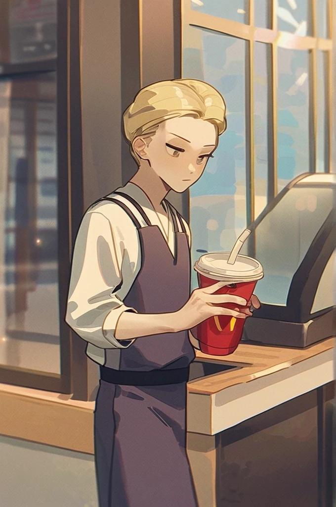 ((Лучшее качество)), ((шедевр)), (подробный), Egor Creed works at McDonald's with a skinny blonde