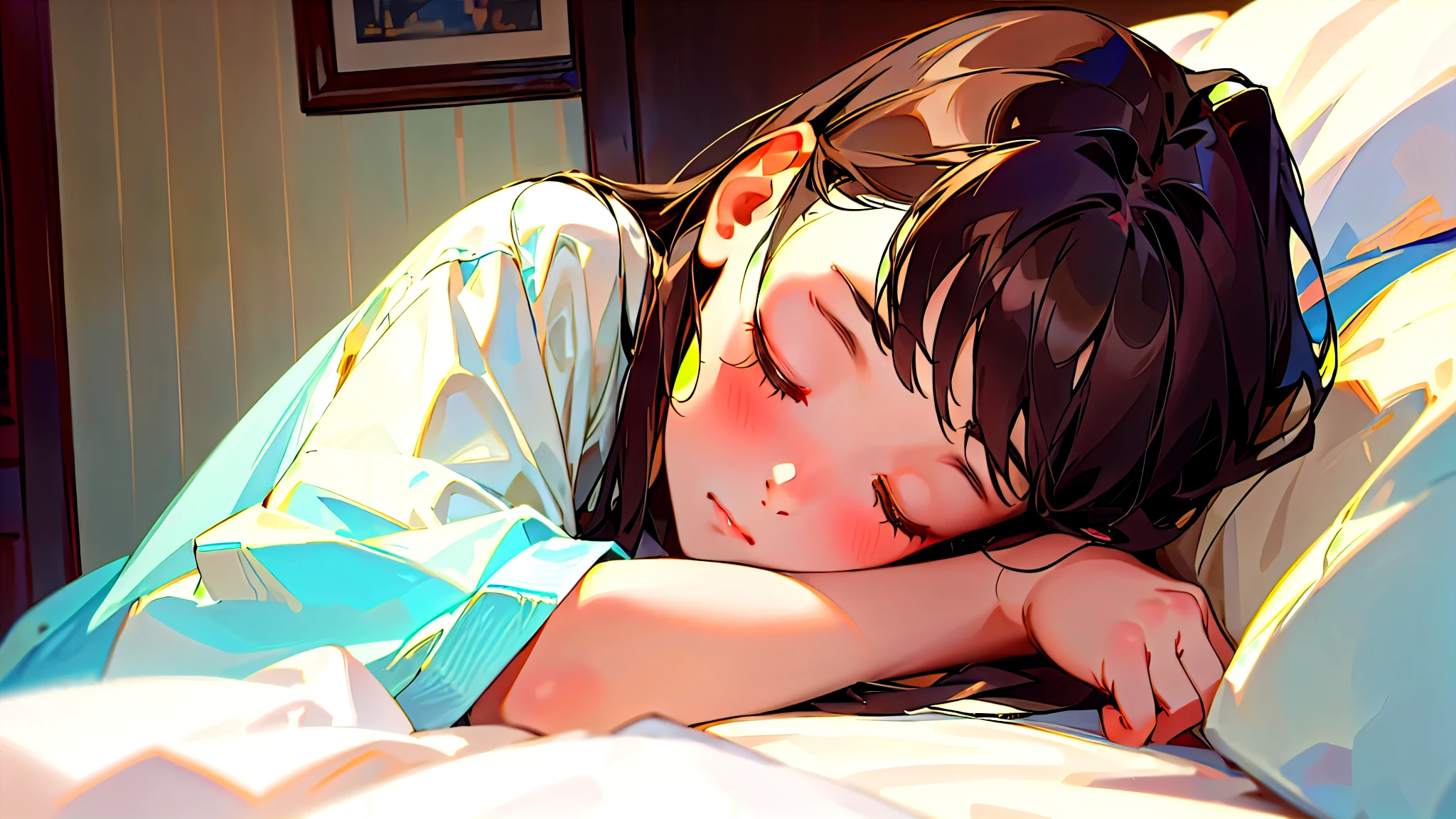 (Highest quality, masterpiece, Ultra-realistic), Beautiful and delicate１５Year-old girl portrait,, The background is the bedroom at home.、Sleeping with a calm expression、Time is midnight、It&#39;s pitch black in the room.、It&#39;s raining outside