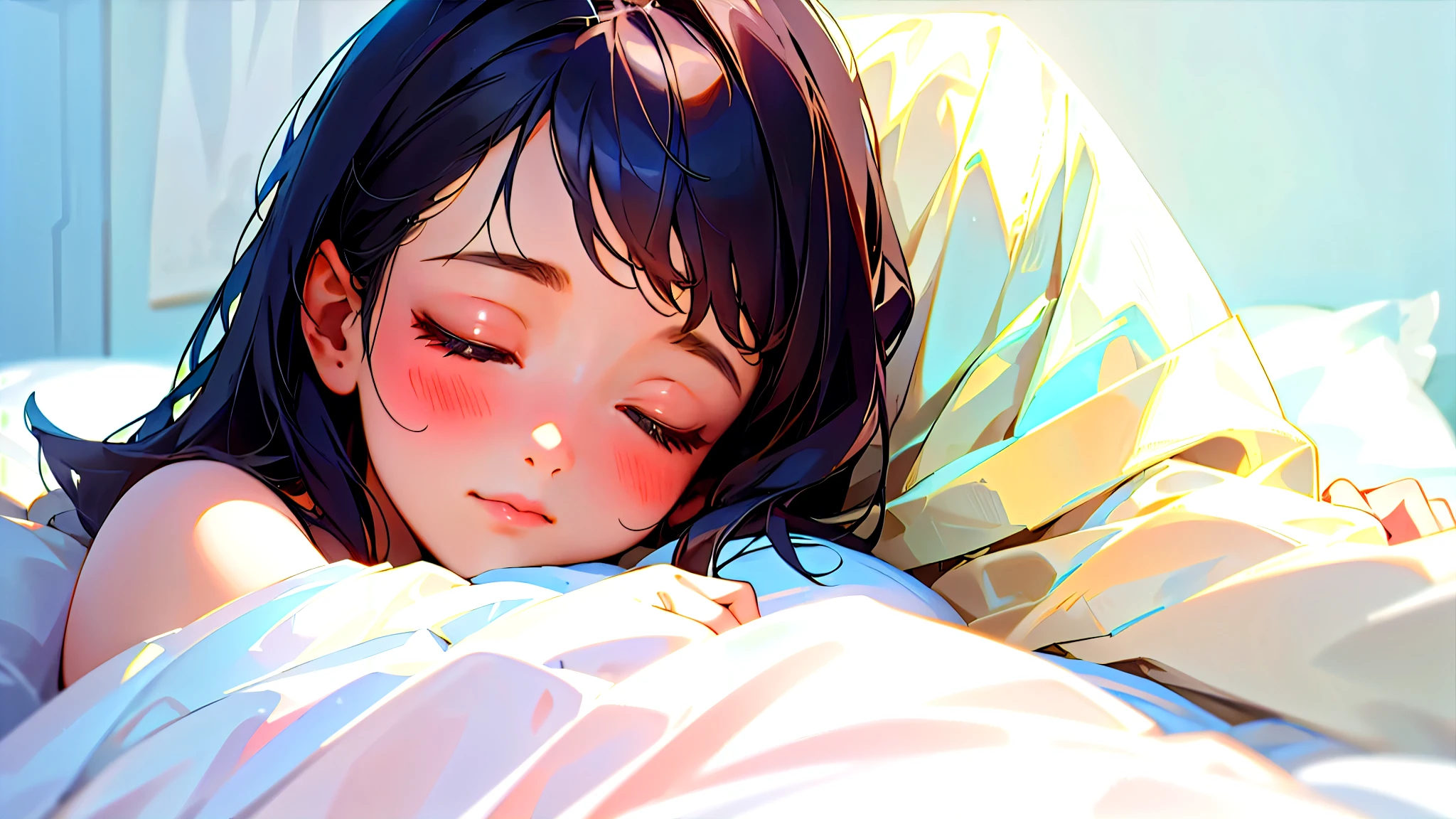(Highest quality, masterpiece, Ultra-realistic), Beautiful and delicate15Year-old girl portrait,, The background is the bedroom at home.、Sleeping with a calm expression、Time is midnight、It's pitch black in the room.、It's raining outside