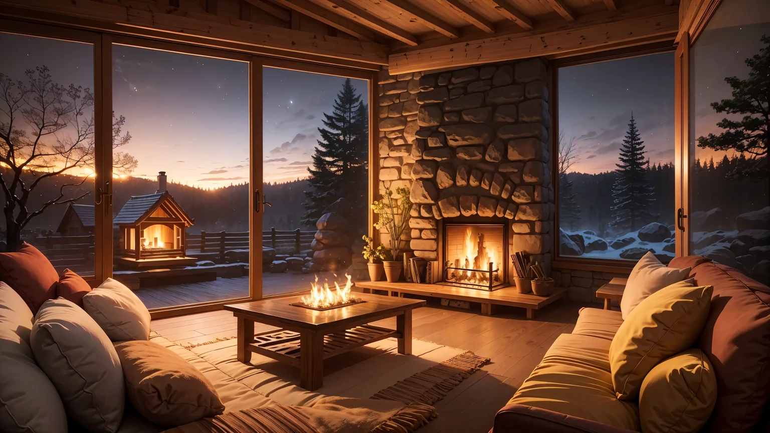 Cartoon background of wooden house living room, This night outside](Comfortable atmosphere), (Soft lighting), Bright fire in stone fireplace, This is the best night, Transparent glass window
