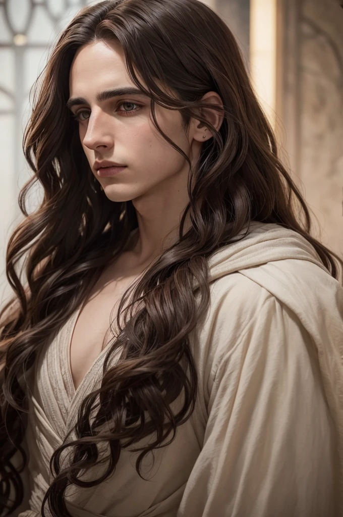 A Targaryen with long wavy brown hair and white streaks of hair with the face of Timothy Chalamet 