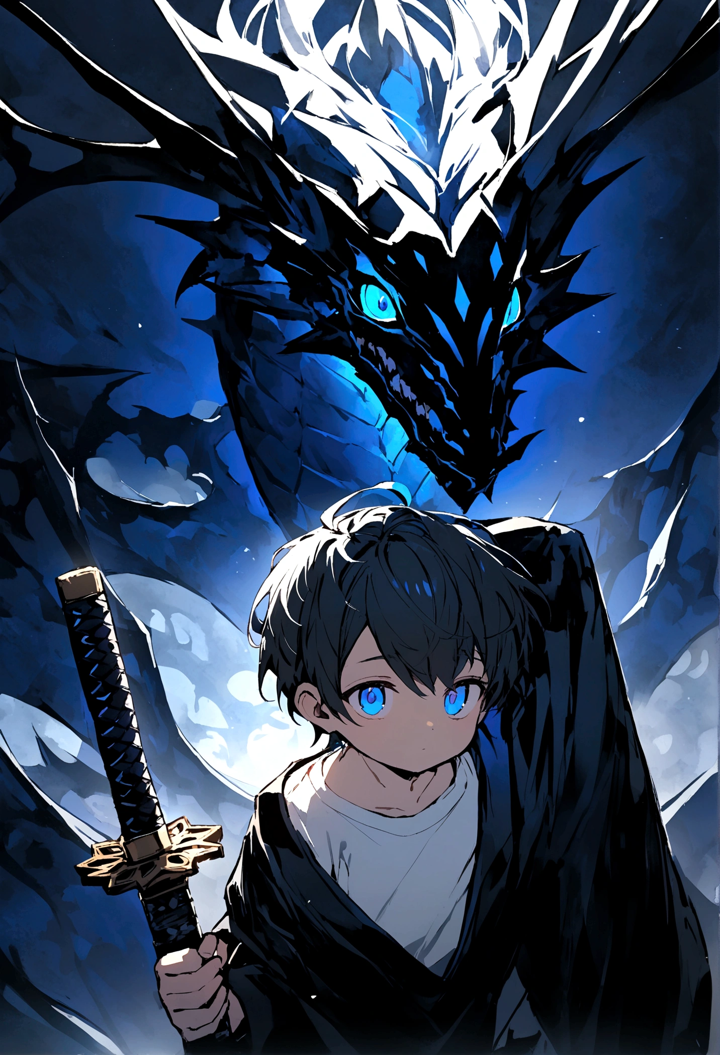 a boy with white hairand blue eye , wear regular black mask, black jacket, white t shirt with blue pattern, black katana left shoulder,a black baby dragon