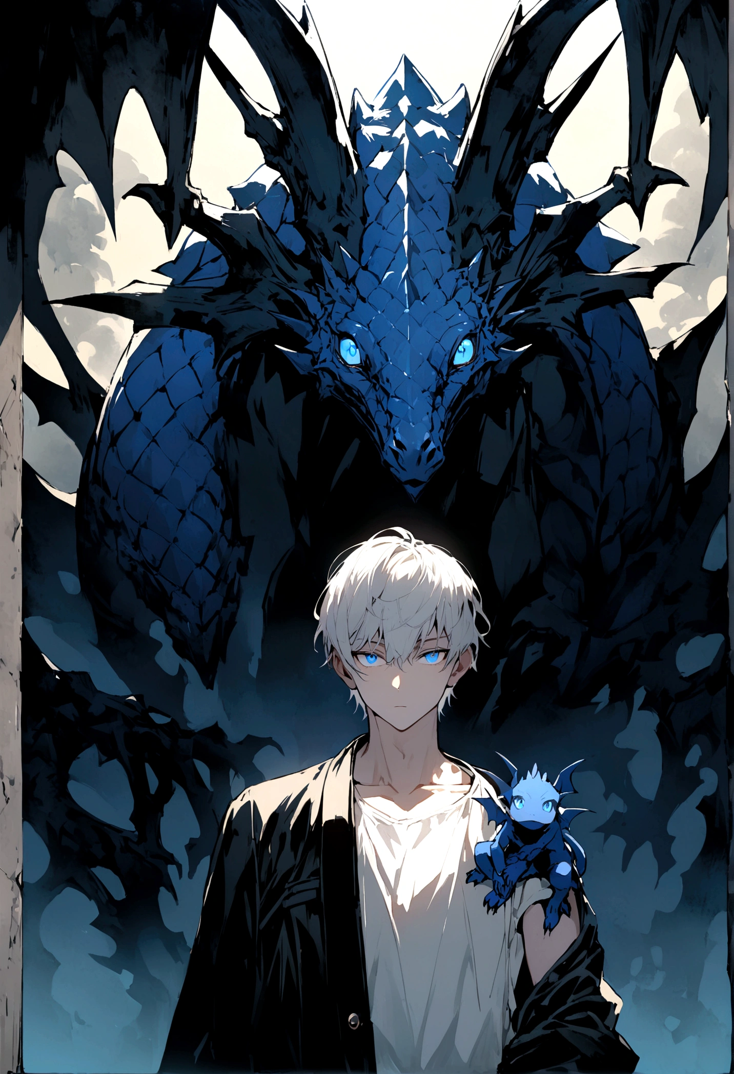 a boy with white hairand blue eye , wear regular black mask, black jacket, white t shirt with blue pattern, black katana left shoulder,a black baby dragon  