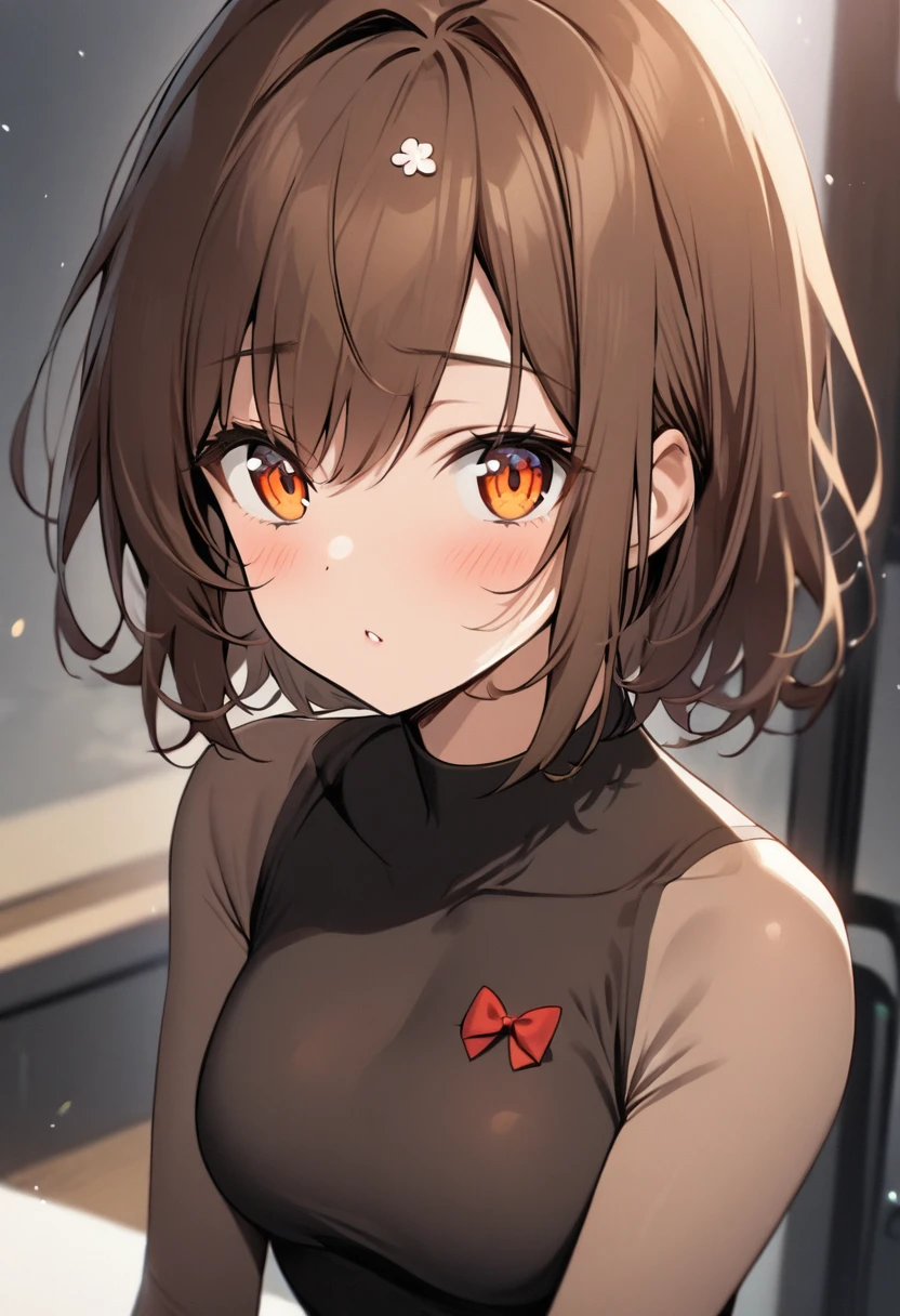 one girl,brown hair, orange eyes, red bow on hair, tight shirt