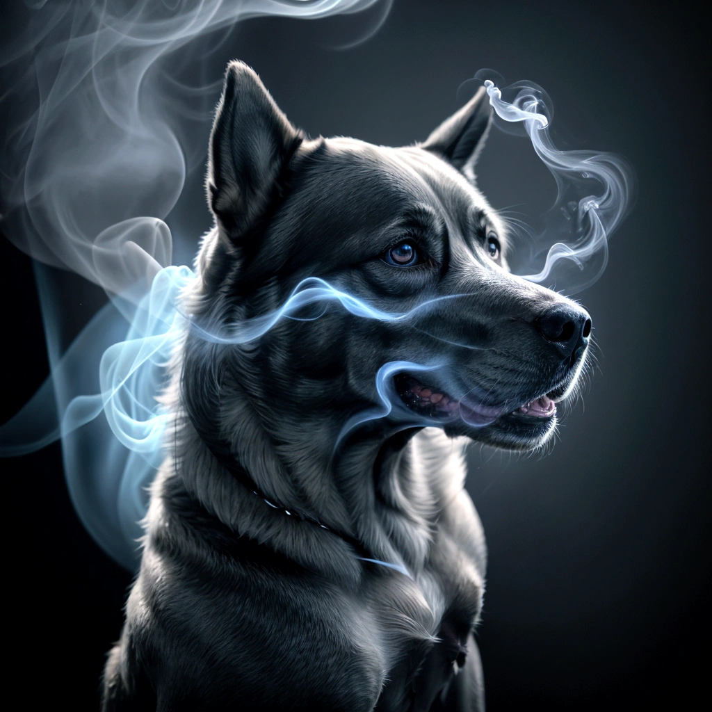 spirit of a dog in glowing bluish smoke looking at its owner