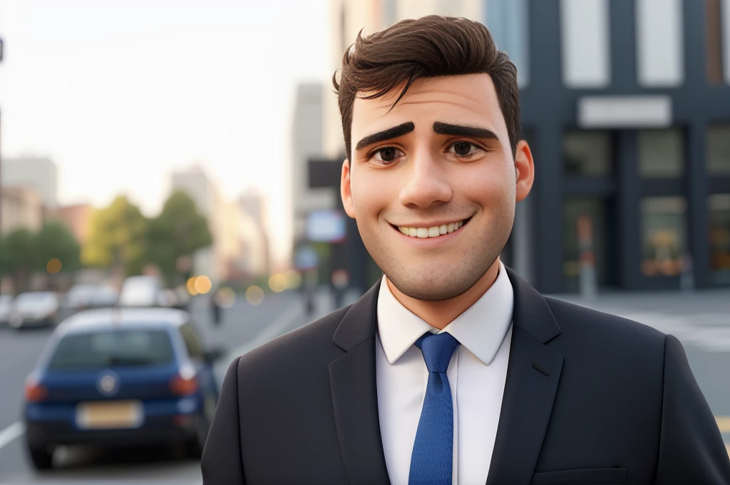 a close up of a person wearing a suit and tie, a picture, shutterstock, looking happy, on the street, short stubble, joel torres