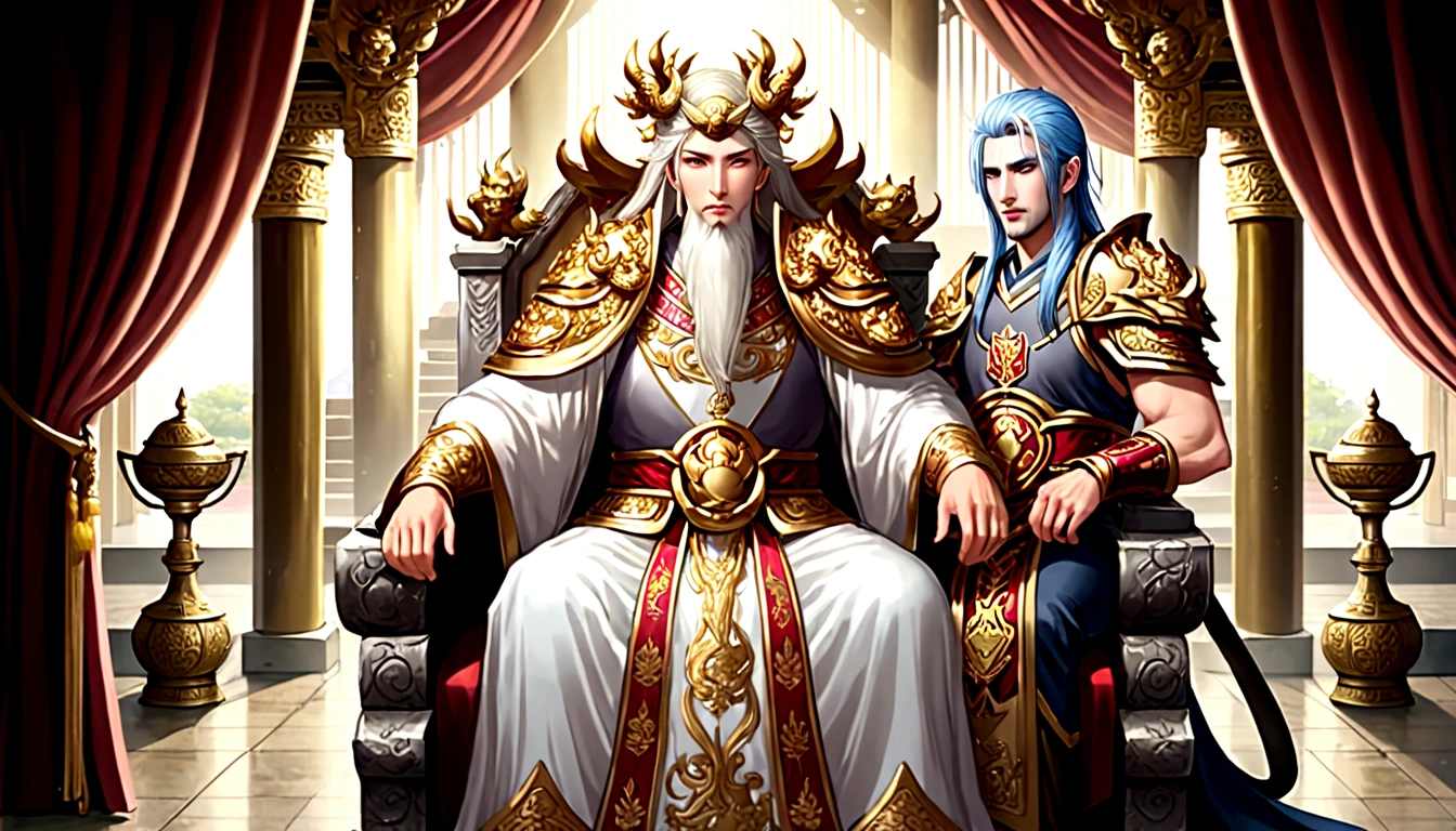 1 An old emperor named John,Tall, Square face.Silver long hair,Wearing a golden crown, Thick eyebrows,Long white beard.,Pale complexion, Wearing a gorgeous golden robe,Embroidered with dragon pattern.;1 A young general named Ken,Burly figure,Long face, Blonde short hair,Thick eyebrows,Short whiskers,Healthy bronze,Wearing a red armor,Symbol with sun,There is a golden sword on the waist; John is sitting majestically on a glittering throne。Ken stands in front of the throne,Looks like he's protecting the man sitting on the throne,There was an air of respect and loyalty between the two.。