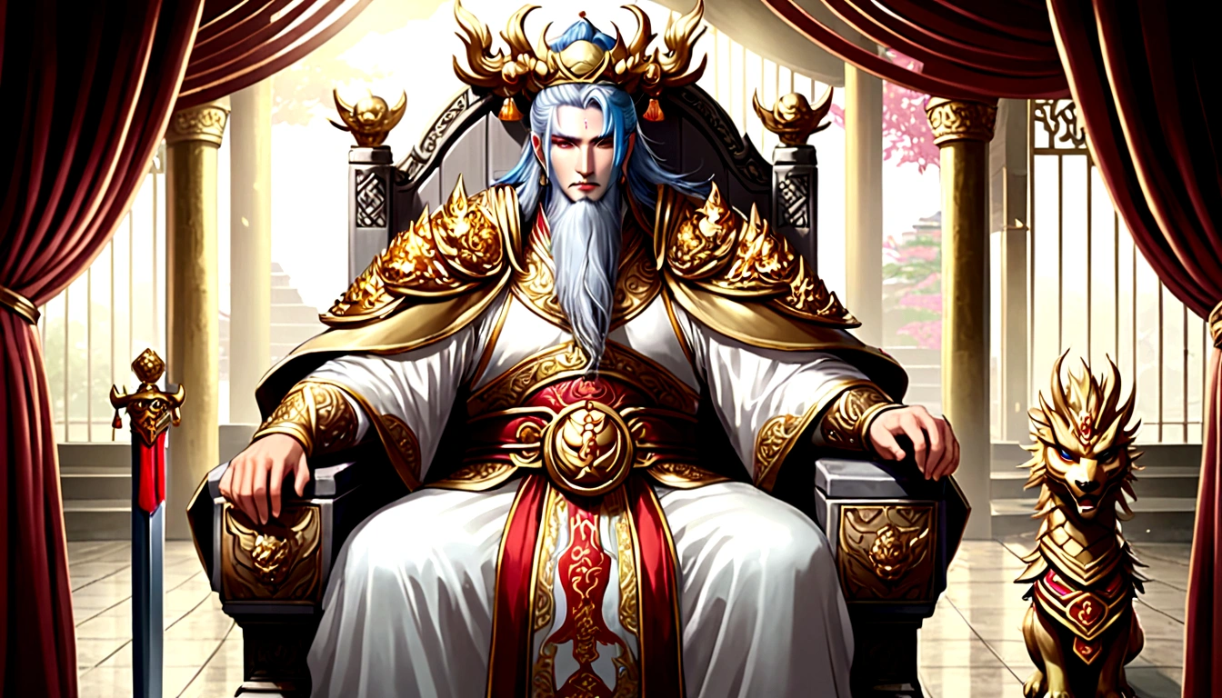 1 An old emperor named John,Tall, Square face.Silver long hair,Wearing a golden crown, Thick eyebrows,Long white beard.,Pale complexion, Wearing a gorgeous golden robe,Embroidered with dragon pattern.;1 A young general named Ken,Burly figure,Long face, Blonde short hair,Thick eyebrows,Short whiskers,Healthy bronze,Wearing a red armor,Symbol with sun,There is a golden sword on the waist; John is sitting majestically on a glittering throne。Ken stands in front of the throne,Looks like he's protecting the man sitting on the throne,There was an air of respect and loyalty between the two.。