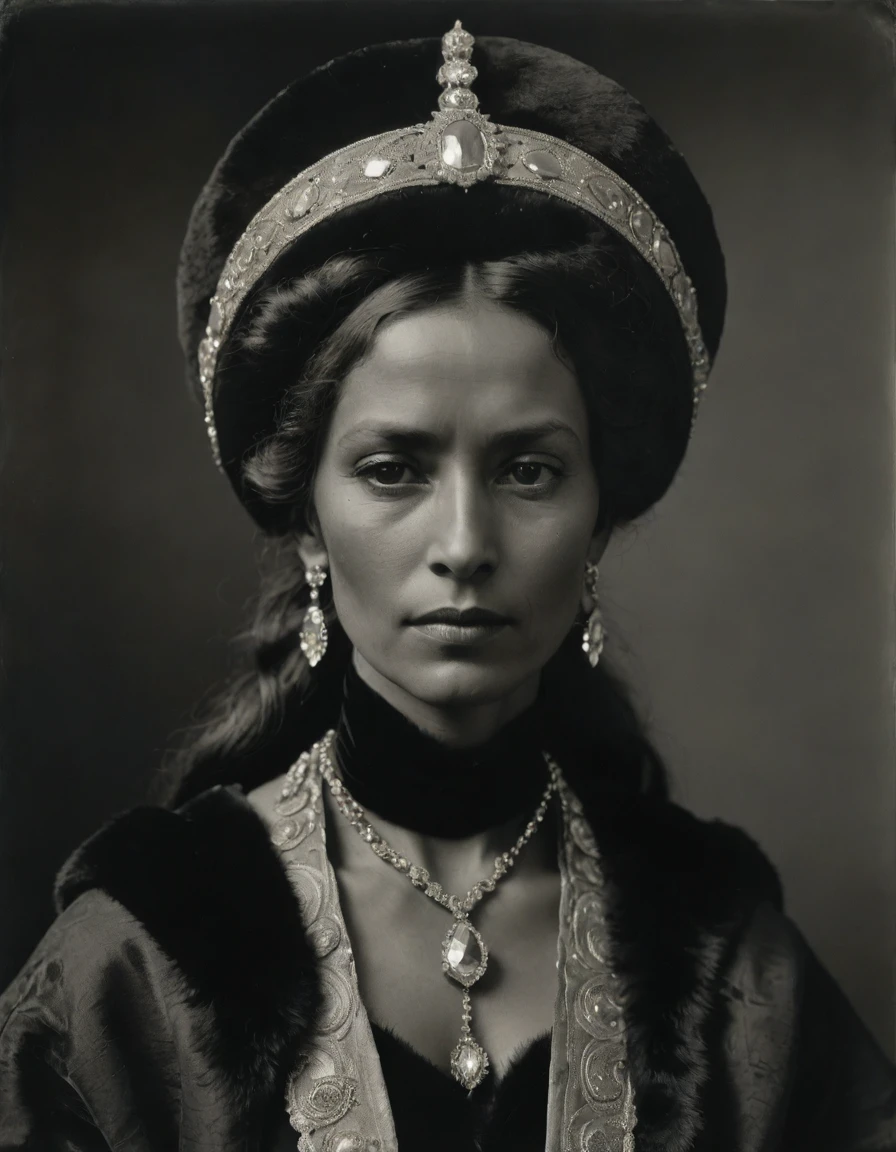 by Moebius Jean Giraud, by Théodore Géricault, ((((Rough monochrome, daguerreotype)))), a powerful noblewoman, bronze skin, tanned, dignified, sensual, facing viewer. She is wearing a fur hat. She is wearing a black Byzantine caftan with Slavic elements, embroidered lozenge symbology, sashes, diamond shape pendant.