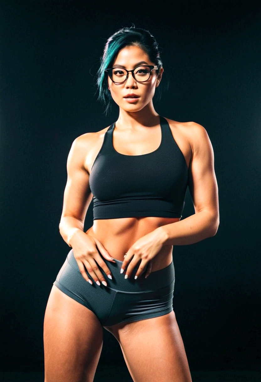 an athletic girl, SlightMuscle, yoga shorts, realistic, muscular beautiful girl, athlete, cinematic lighting, Yumi tsu, Live portrait photography, snapshot aesthetic, light black, looking at viewer, best hands, perfecteyes eyes, big thigh, triangle muscle, round glasses, 1girl with glasses, realistic, Analog style, 8mm film, chromatic aberration, Dvd screengrab, 80s movie, cinematic lighting, Yumi tsu, Live portrait photography, Contemporary photography, snapshot aesthetic, light black, chinapunk, slender, karencore, high details, realsitic shadow, in motion, realistic, glasses, looking at viewer, lips, good hands, best hands, perfecteyes eyes