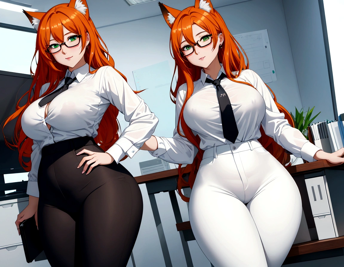 (masterpiece, Best quality), 8K, ultra detailed, realistic photo, Detailed face, perfect lighting, green eyes, bright orange hair, bright hair, fox ears, nice legs, side photo, beautiful, Cute, skin pores, 1 girl, perfect shirt, fully dressed, beautiful women 30 years old, Beautiful proportions, Russian woman, Caucasian, European, Business lady, stunningly beautiful woman, mother, thick legs, show ass, big breasts, (Thin white shirt:1.4), thick, hot, (White Office Wear:1.4), tight pants, (wide hips:1.2), thick, (white Office pants:1.3), spread your legs, Legs open, full length, wide hips, Glasses, with long orange hair, standing on the beach near the ocean, green eyes detailed digital anime art, cat ear, anime girl with long hair, гладкое аниме cg art, anime girl with long hair, digital anime art, work in Guweiz style, Beautiful anime portrait, Photorealistic render of an anime girl, pantyhose, Beautiful anime girl, advanced digital anime art, guweiz на artstation pixiv HD UHD HQ
