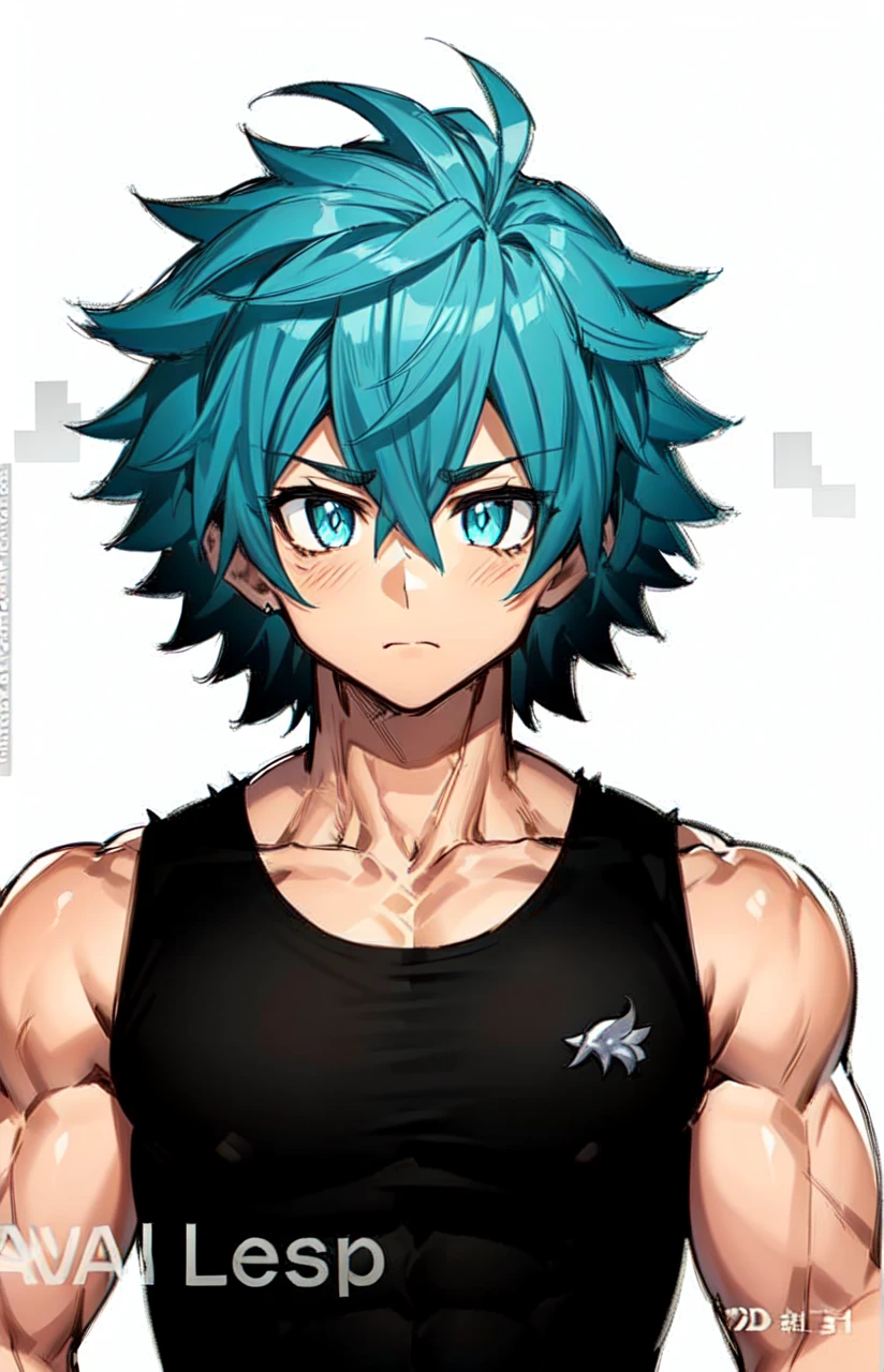 ((rough expression)), ((light skin)), ((young muscular male)), ((bodybuilder)) ,((cute young face)),((toned six abs)), 13 years old boy, 1boy, beautifully drawn, high resolution illustration, best quality, High definition, ((detailed anime sketch)), Masterpiece, (solo), absurdres, portrait, ((upper body)), ((close-up)), ((turquoise hair)), ((spiked hair)), detailed background, fine detail, male focus, HDR, ((short hair)), ((turquoise eyes)), ((without shirt)), ((looking for his own muscular body)), blushing, ((3d art))