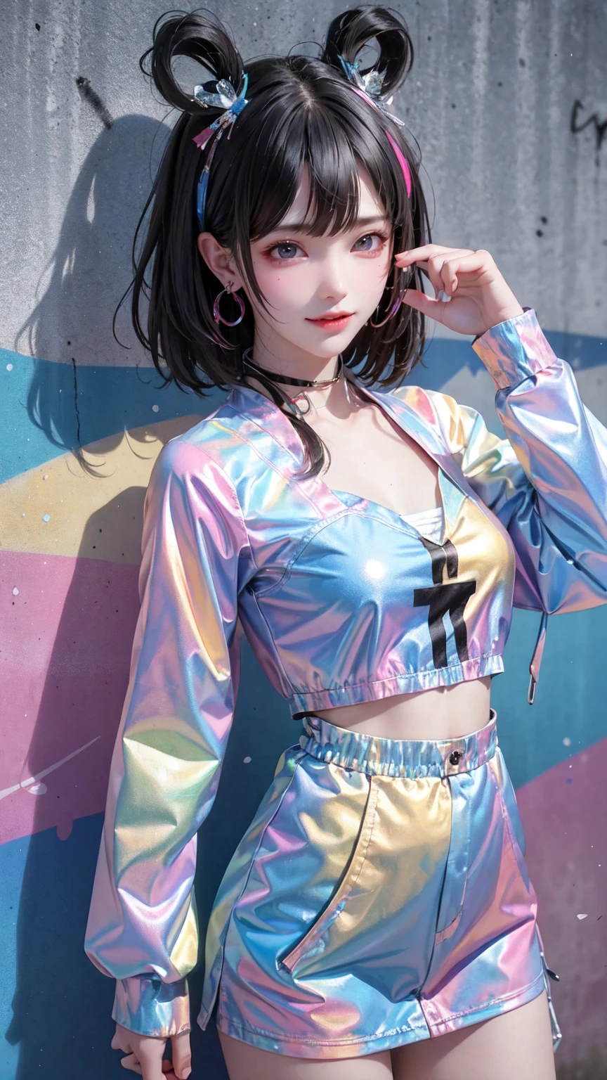 (best quality), masterpiece, Extremely detailed CG8K illustration, High Color, Extremely High Color saturation, All colors are deepened, , Graffiti Art, Central Composition, Extremely detailed lighting, graffiti wall, The walls are painted bright colors, 1 girl graffiti 1 girl looking at the wall, The face and eyes are very detailed, short hair, Sportswear, Showing moderate cleavage:1.5,Colorful Clouds,
