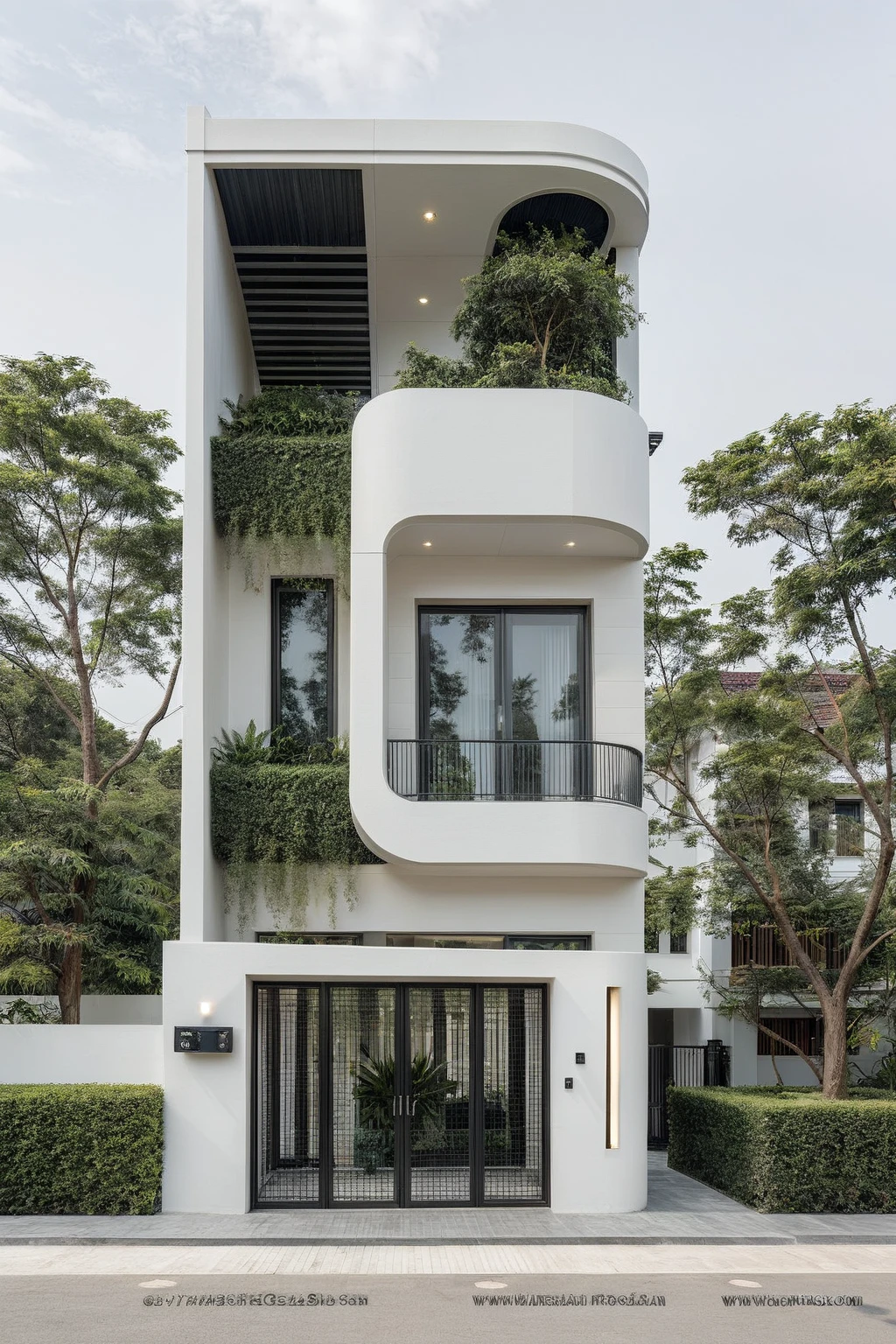 RAW photo, a photo of a modern house, (curvilinear archrchitecture:1.4), Wabisabi style rounded wall, white wall, steel black gate, sidewalk, sidewalk trees, ((grey gate:1.2)), road, viet nam modern residence, ((architectural shot)), rough white wall, new residential area, wide angle exterior 2022, contemporary house, exterior photography, masterpiece, contemporary architecture, overcast, indirect lighting