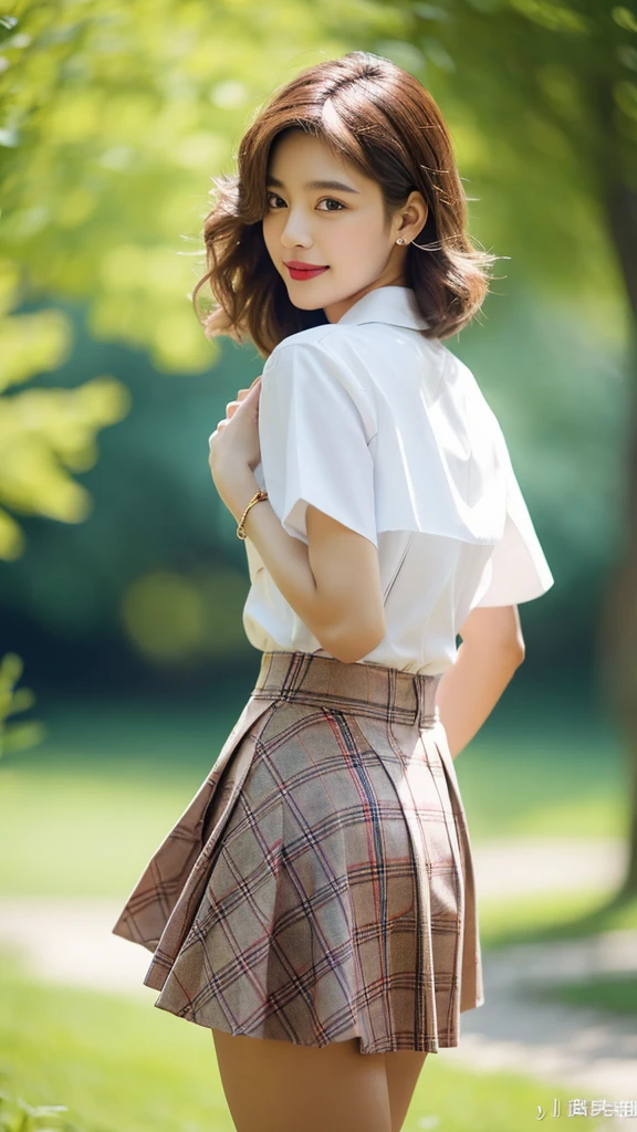 NSFW, 8k RAW photo, top-quality, masterpiece, 超A high resolution, film grains, filmg, 1girl in, looking at the viewers, natural skin textures, realistic eyes and face details, Full lips, lipsticks, (makeup), Red Eye Shadow, Fluffy short hair, hair messy, A smile, closes mouth, Beautiful legs, Tall lady, skiny, slim_Legs, solo, huge-breasted, cleavage of the breast, Pose with your buttocks facing you, Ultra short skirt, buttock, The shirt, Beautiful natural places, Around the position of the flower, (Detailed background), white shirt, huge-breasted, lowfers, blurry backround, bblurry, fail, Plaid, shortsleeves, JK ribbon on neck, JK Ribbon, brown haired, A bracelet, water, bangss, Uniforms, jewely, cparted lips, s lips, From the side, pleatedskirt, depth of fields,Exposed panties
