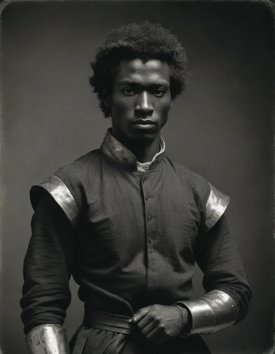 by Moebius Jean Giraud, by Théodore Géricault, ((((Rough monochrome, daguerreotype)))), the half body of a black male fencer, with a saint halo, he is lean, very tall, solemn, beautiful, young, smug, valiant, in kung-fu stance, wearing a leather fencer uniform with ronin elements and silken sashes.