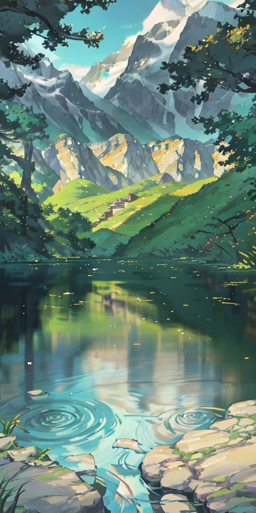 Chinese ancient times, spring, jungle, lake, cave, waterfall, tree, meadow, rock, deer, hot spring, water vapor, (illustration: 1.0), epic composition, realistic lighting, HD details, masterpiece, best quality, (very detailed CG unified 8k wallpaper)