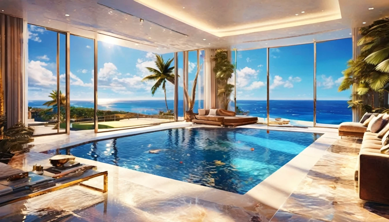 A modern luxury mansion with an infinity pool overlooking the ocean, floor-to-ceiling windows, and a sleek, luxury interior design. Hyper realistic photo, 16k, vibrant colors