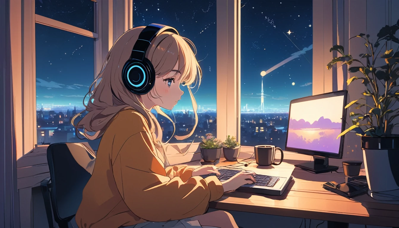 Girl wearing headphones、Computer and mug on the desk、Night outside the window, Wide-angle lens, Lofi Anime, Lofi illustration, Aesthetic atmosphere, Lo-Fi Style, Vector art, Flat Design, Simple shape, Warm tones, Pleasant atmosphere, Chill, In anime style, Digital drawing, Vector art, Vector logo for t-shirt printing, (Adorable:1.5), (small:1.4), (Playful:1.2), (soft:1.3), (Whimsical:1.1), masterpiece, Highest quality, 8K, Intricate details, grow, Celestial, Mysterious, Picturesque, amazing, Majestic, Magic, Fantasy art, Cover art, dream-like