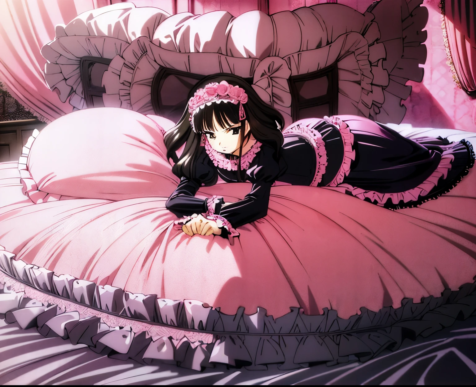 ,highest quality, masterpiece, highest resolution, artwork, 90s styles anime illustration,(( 10 year old girl)),Super detailed baby face,high quality small face,long black hair,Japanese,landmine girl,pajamas,,curly hair,((((Pink Lolita Fashion Long Skirt One Piece Dress)))),((Cute pink pajamas with lots of frills and ribbons)),((Luxurious pink headdress with frills and ribbons)),((((black ruffles and lace)))),detailed headdress,,(((big yoke collar))),Yoke collar with ruffles and ribbons,((((long sleeve)))),ruffle sleeves,((((long skirt)))),pink and black pillow with large ruffles and ribbons,(((Nice pink outfit))),On a luxurious canopy bed,canopy bed,The bed is surrounded by luxurious curtains,There are many pink and black frilly pillows on the bed.,Behind the girl are many pink and black frilly pillows...,super detailed background,detailed bed,((((pink duvet with black lace and ruffles)))),soft pink comforter,Highly detailed soft ruffle pillow,Beautiful girl illustration,detailed beautiful face,thin hair,detailed eye ,detailed eyes,detailed mouth, arm details,fine hands,Detailed pillow,wide bed,Illustration on the bed, ,((((round futon)))),((((A large pink futon that covers the entire bed)))),detailed comforter,detailed bedシーツ,Before bedtime,romantic atmosphere,palace bedroom,((((The lower body is hidden under a large futon....)))) The girl is leaning on a pile of pillows, ,((((round futon)))),((((Large pink ruffle comforter with black ruffles and lace covering the entire bed)))),look at me with contempt,Hold your hands,bring both hands close to the mouth,