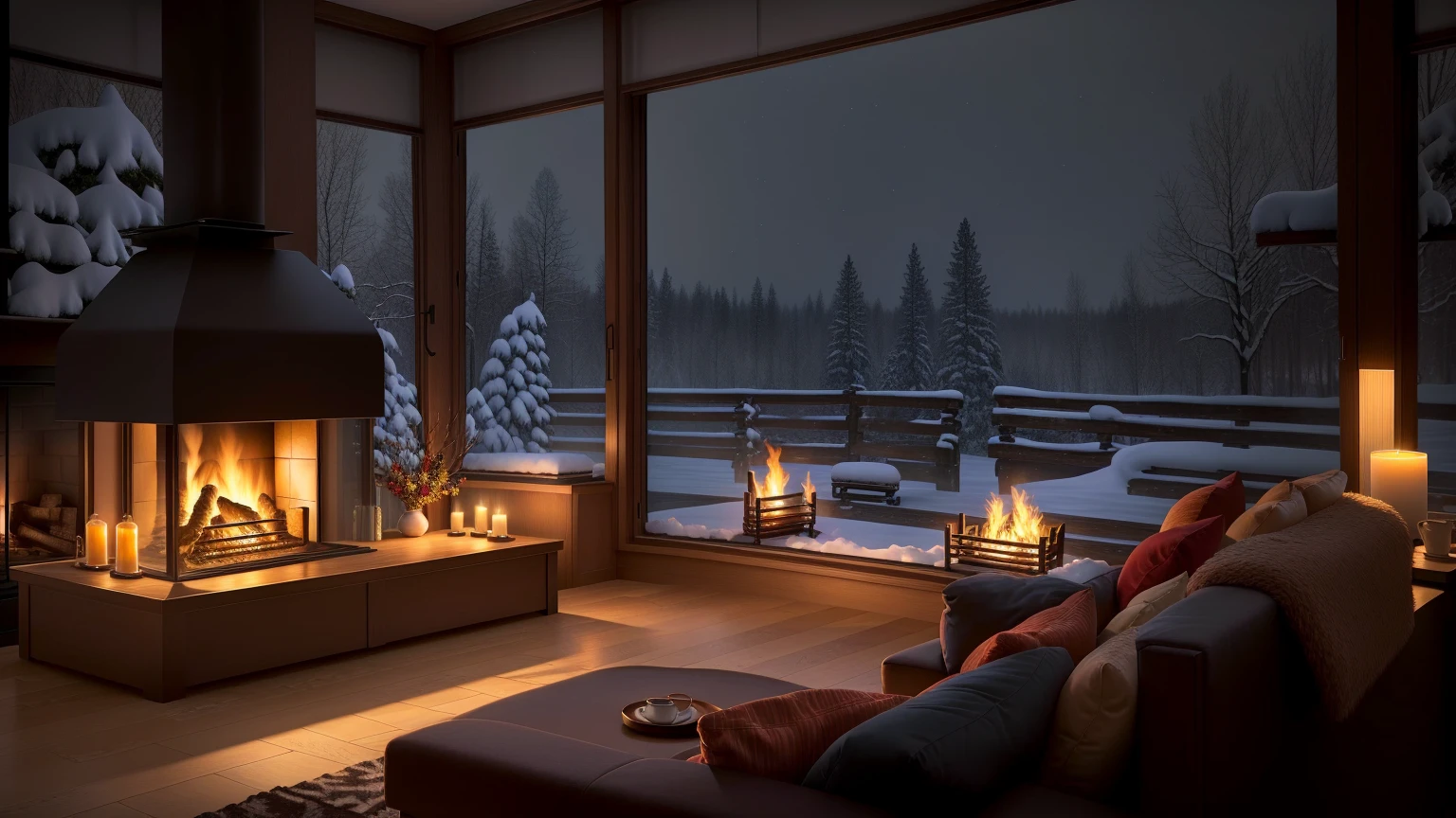 Living room with furniture and fireplace, Comfortable wallpaper, Comfortable place, comfortable environment, Comfortable and peaceful atmosphere, Warm home background, Comfortable and calm, Comfortable atmosphere, Comfortable room, Comfortable atmosphere, Comfortable atmosphere, relaxing environment, Comfortable atmosphere, Comfortable atmosphere, Relaxed atmosphere, Snowy Night, comfortable environment, Warm candlelight, Heavy winter aesthetics
