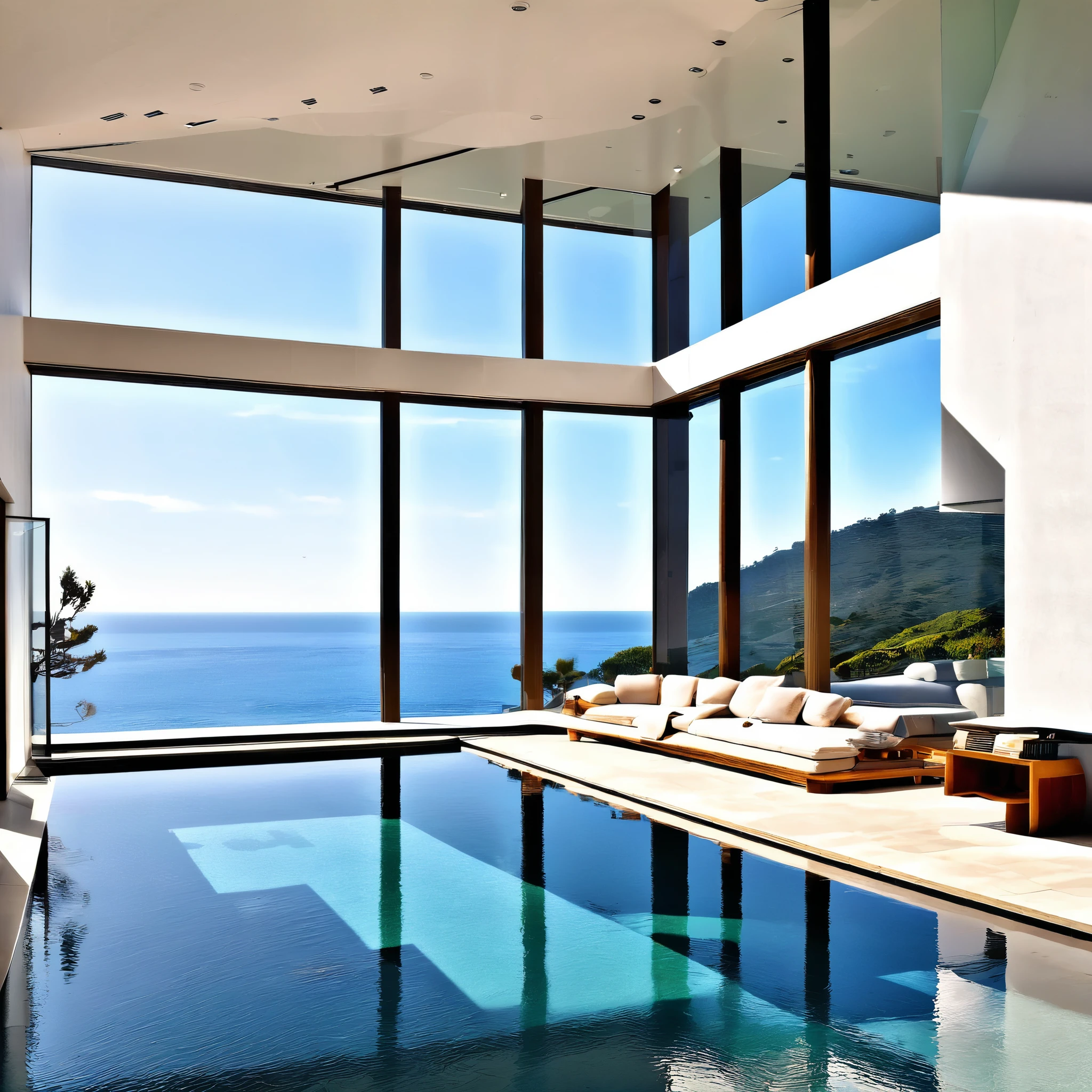 A modern luxury mansion with an infinity pool overlooking the ocean, floor-to-ceiling windows, and a sleek, minimalist interior design.