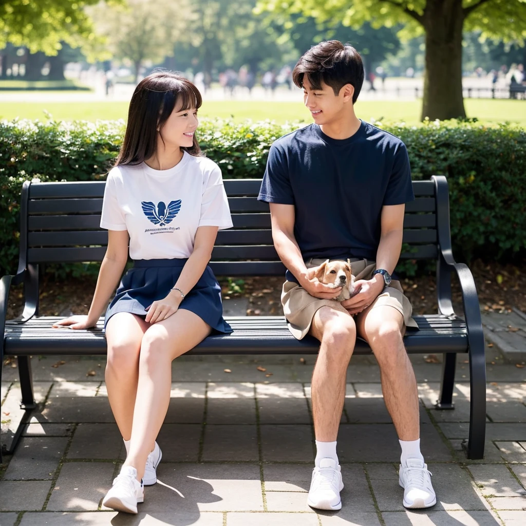 Female supermodel sits on a park bench in Hyde park of London and wears a white T-shirt and navy blue mini-skirt with Labrador dog