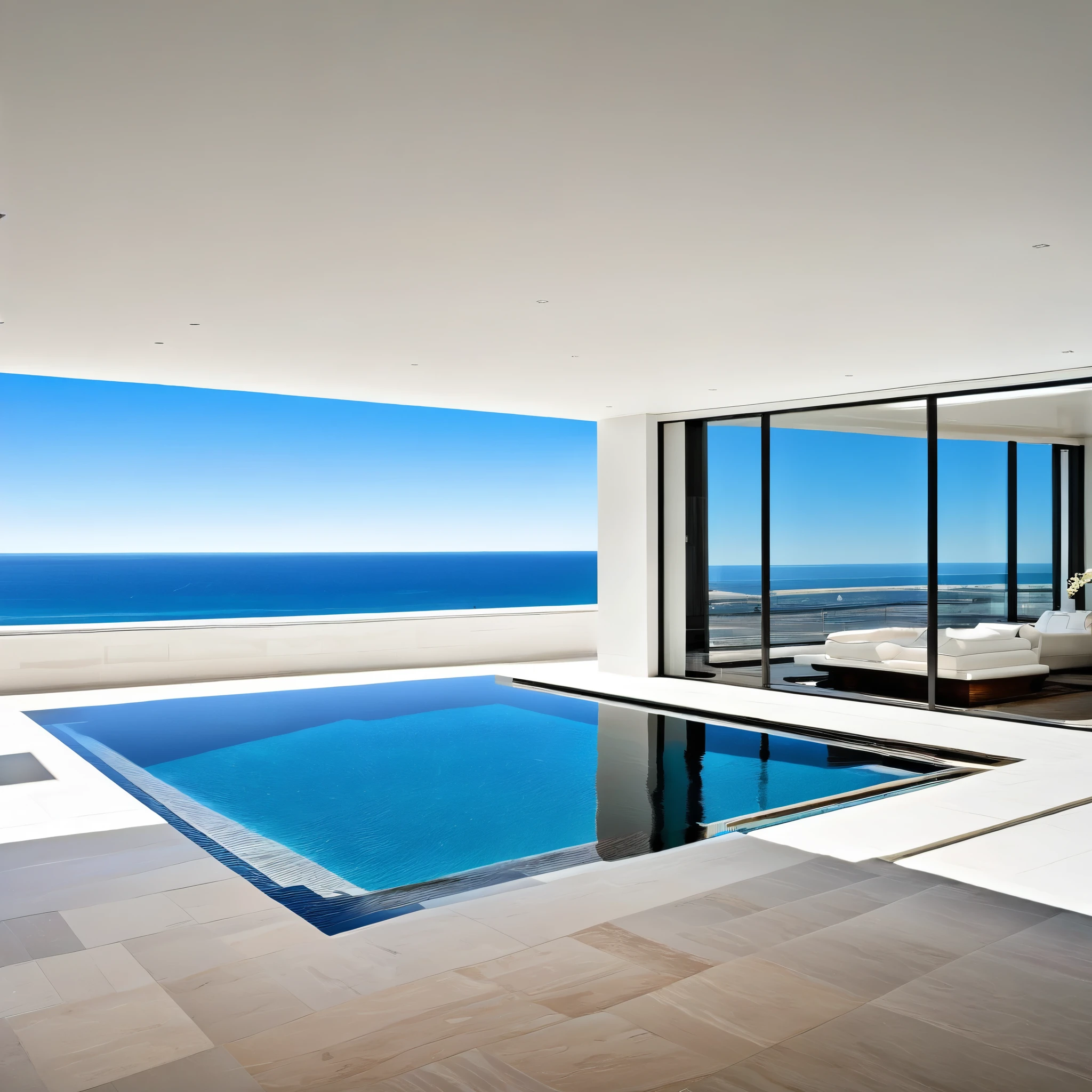 A modern luxury mansion with an infinity pool overlooking the ocean, floor-to-ceiling windows, and a sleek, minimalist interior design.
