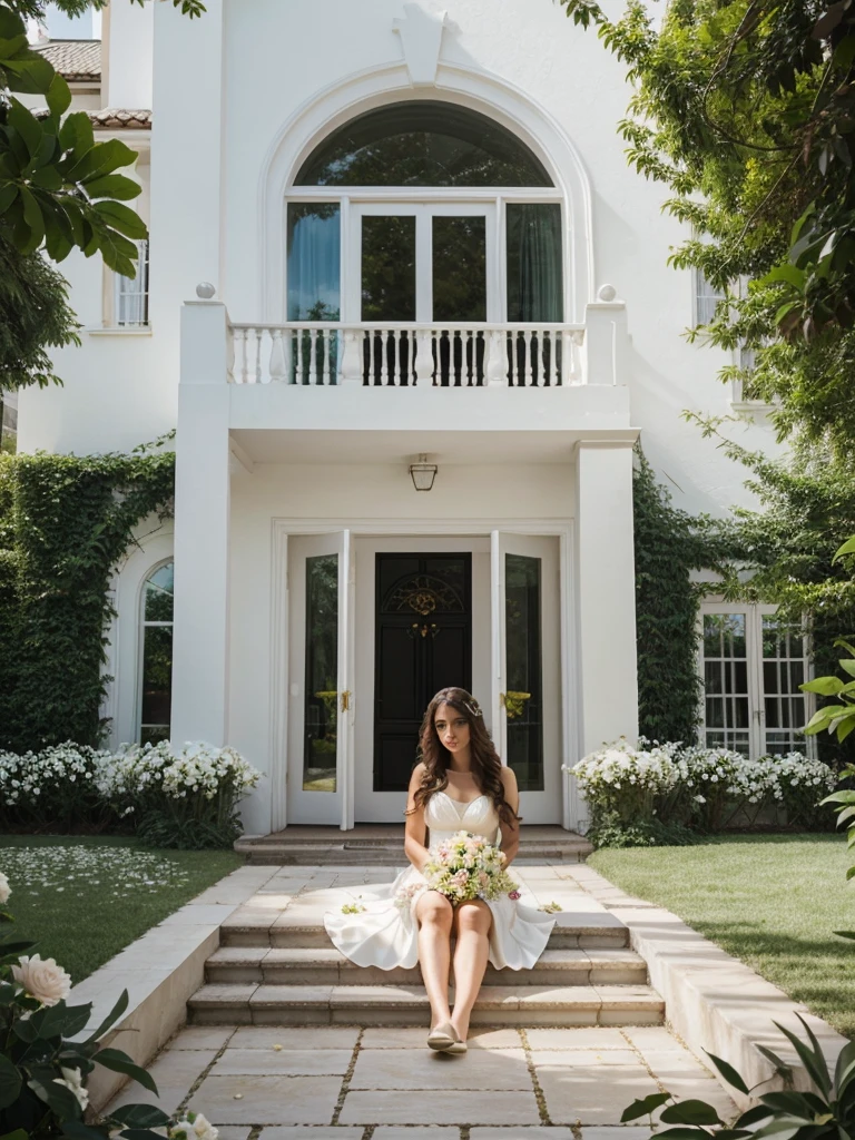 generated a full body of a 21 years old young white woman with dark brown hairstyle, A photo of an extremely beautiful female model wearing a pink and white ruffled dress. She is sitting on the ground next to her pool holding yellow roses in front of people at a luxury wedding inside a modern mansion. The flowers have long green leaves and light pastel colors. The background has black windows, white chairs, a beige sofa, swimming pools and large glass doors with plants outside. There is a big flower bouquet lying in the style of one side of it. The sky is clear and sunny.